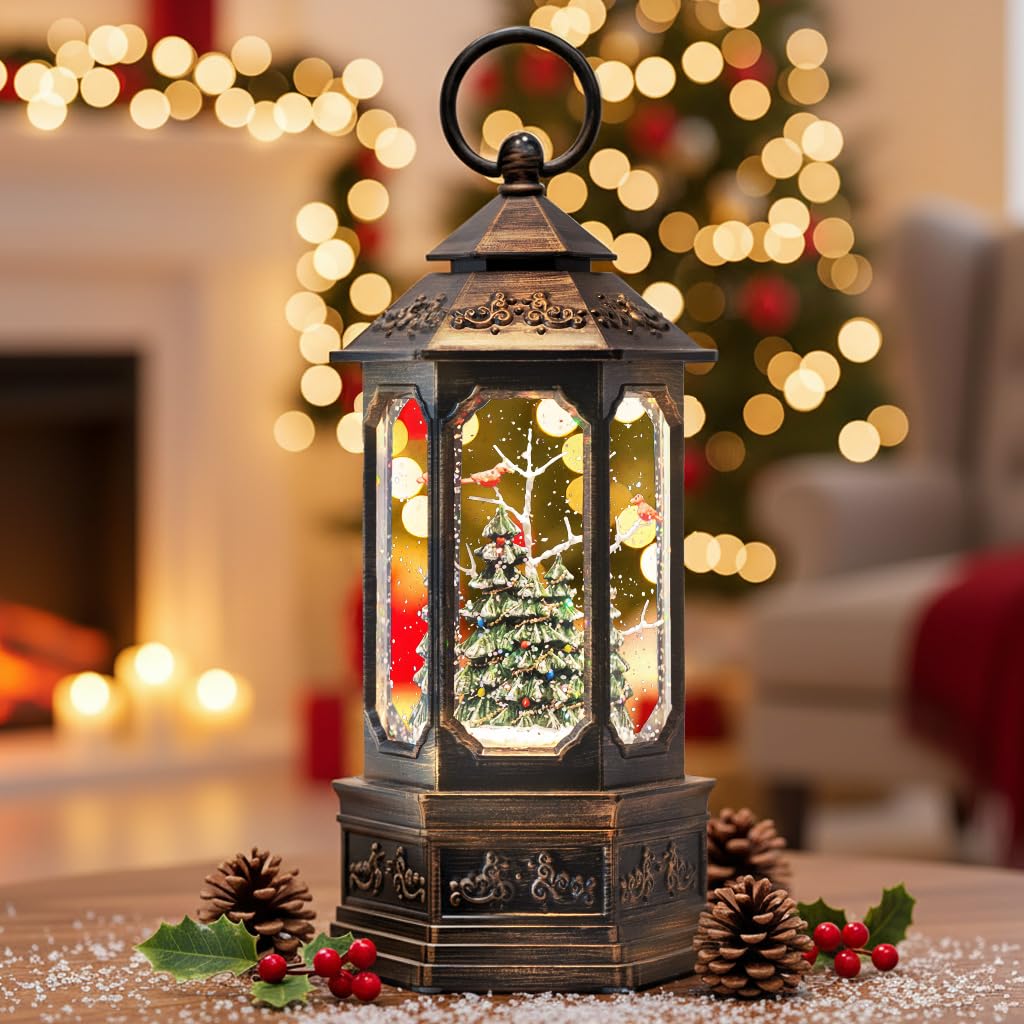 Linterna de Globo de Nieve de Navidad de 12 Pulgadas, Caja de música Hexagonal con Purpurina, Decoraciones alimentadas por USB y Pilas (cardenales en el Bosque Profundo)