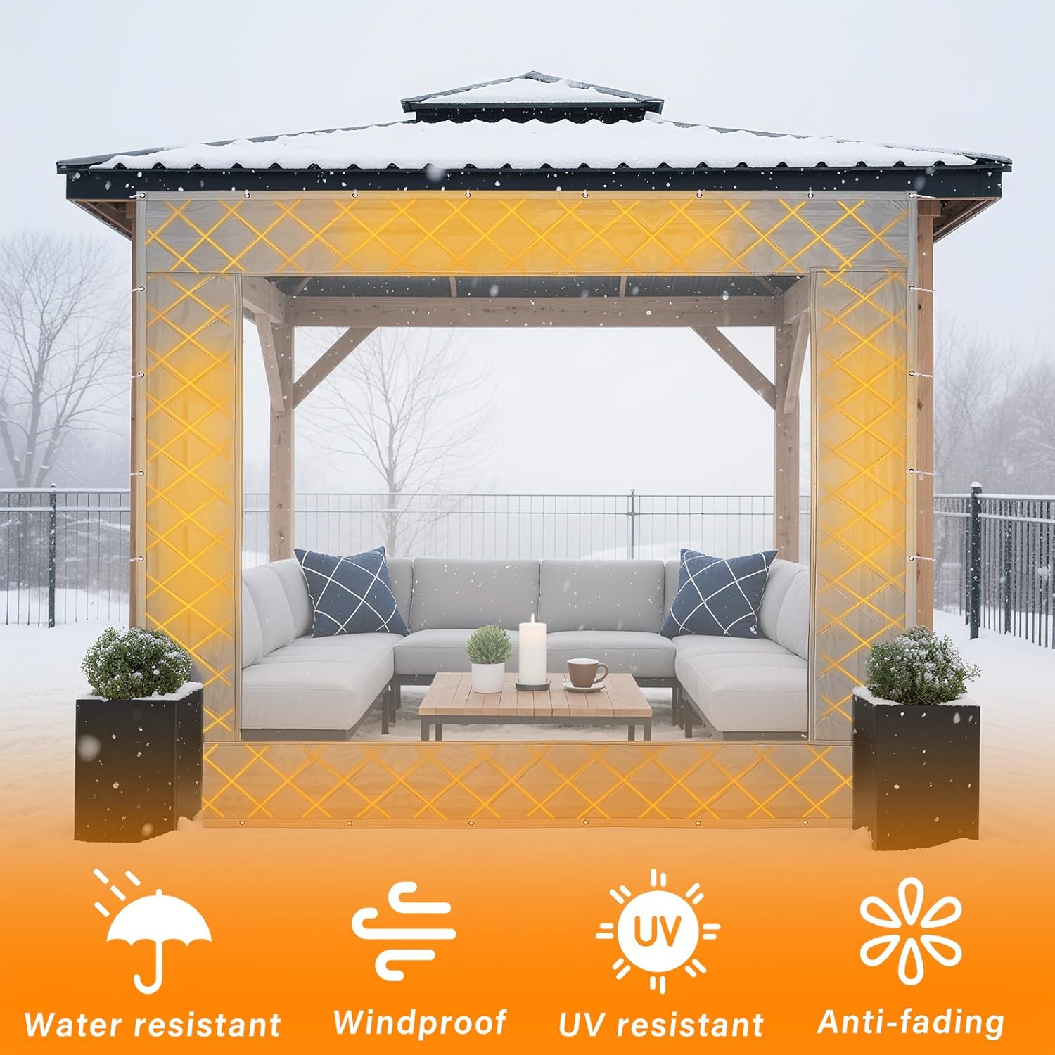Beeveer 8 x 8 ft Outdoor Gazebo Curtain Thermal Insulated Panel Curtain with Transparent Window Rope Waterproof Winter Insulated Heavy Duty Oxford Cloth Garage for Patio Pergola Porch Gazebos