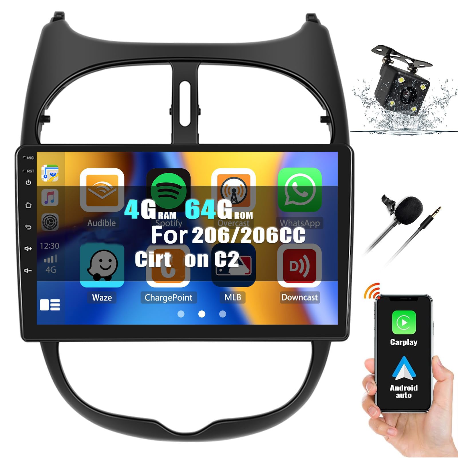 Radio de coche con cámara trasera de 4LED y manos libres Bluetooth para C2 8