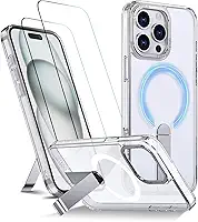 Capa para iPhone 15 Pro Max Capinha - Compatível com MagSafe, com protetor de ecrã temperado de 2 peças, estojo ultrafino resistente a choques e quedas com suporte ajustável - Transparente