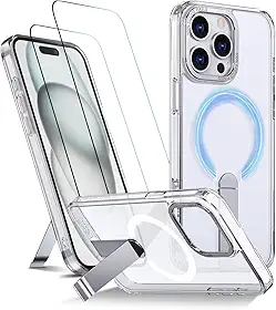 Capa para iPhone 15 Pro Max Capinha - Compatível com MagSafe, com protetor de ecrã temperado de 2 peças, estojo ultrafino resistente a choques e quedas com suporte ajustável - Transparente