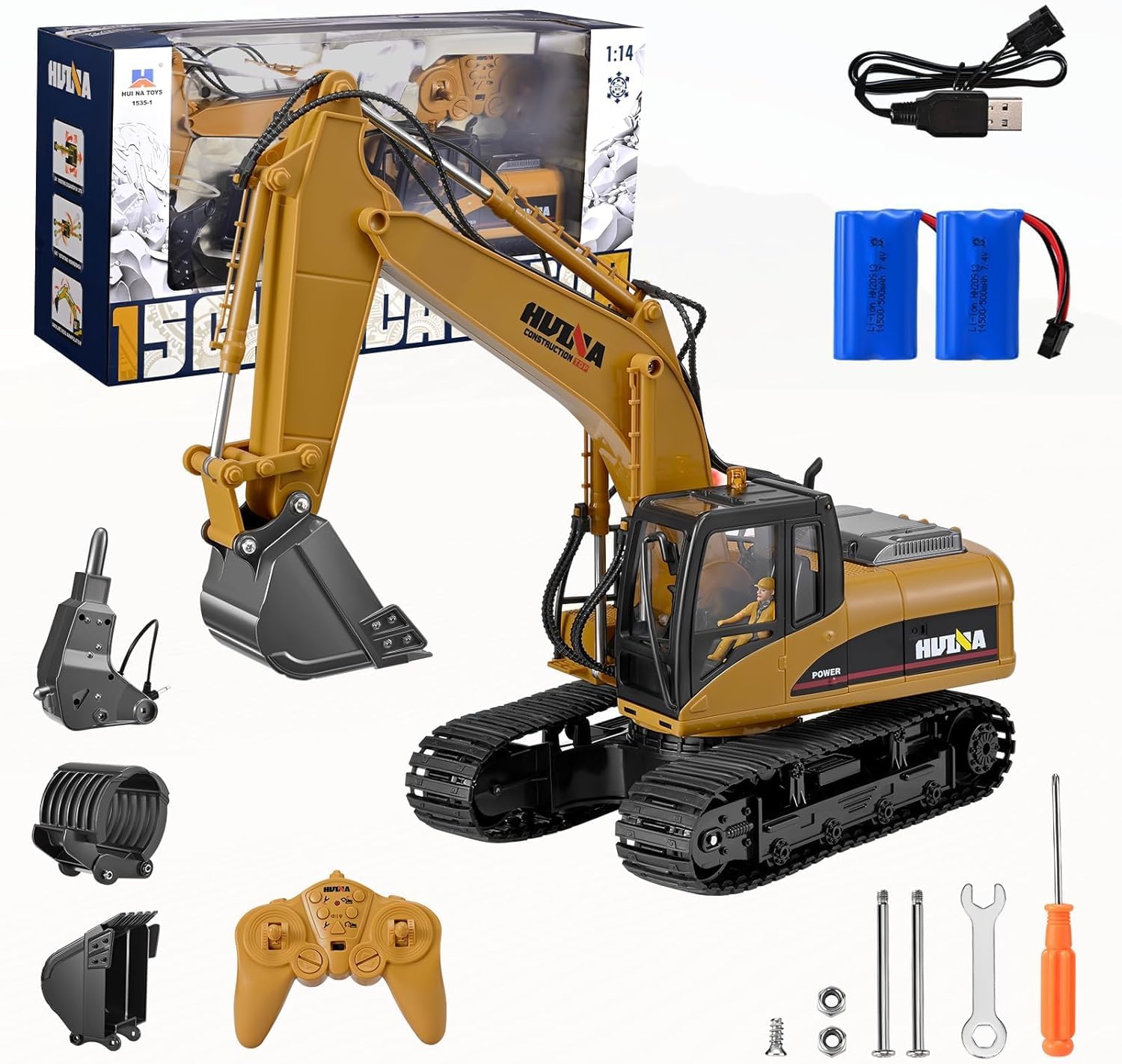 Lischwert Pelleteuse Télécommandée,Pelle RC en Alliage 3 in1,Télécommande Digger 1/14 22 canaux,Excavatrice Jouet Camion Chantier Télécommandée avec LED et Son