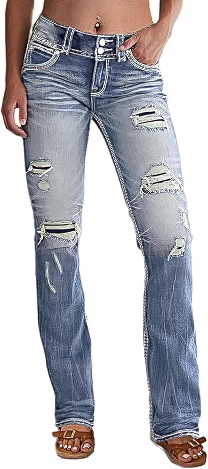 Flamingals Distressed Bootcut Jeans for Women Low Rise Jeans Ripped Flare Jeans Denim Pants