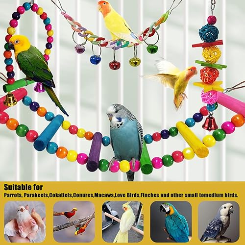 Miniatura 4 de Juguetes de periquitos, 7 piezas de juguetes coloridos para pájaros para periquitos, jaula de pájaros para mascotas, hamaca, escaleras, juguete para