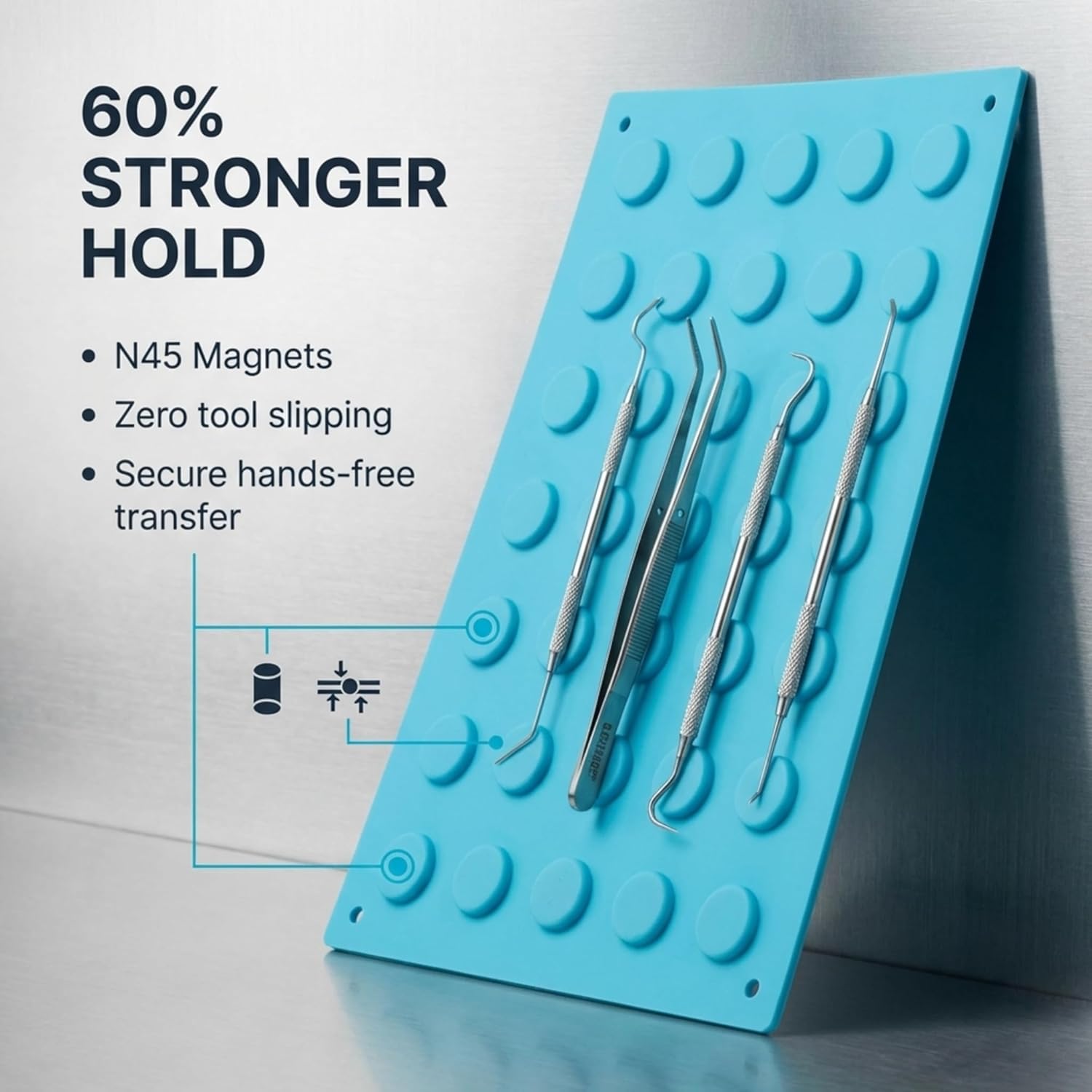 Magnetic Mat for Instruments and Tools, 12 x 15 inches, Blue, Raised Round Magnets, Flexible, Non-Slip, Reusable and Autoclavable - 2X Magnetic Strength