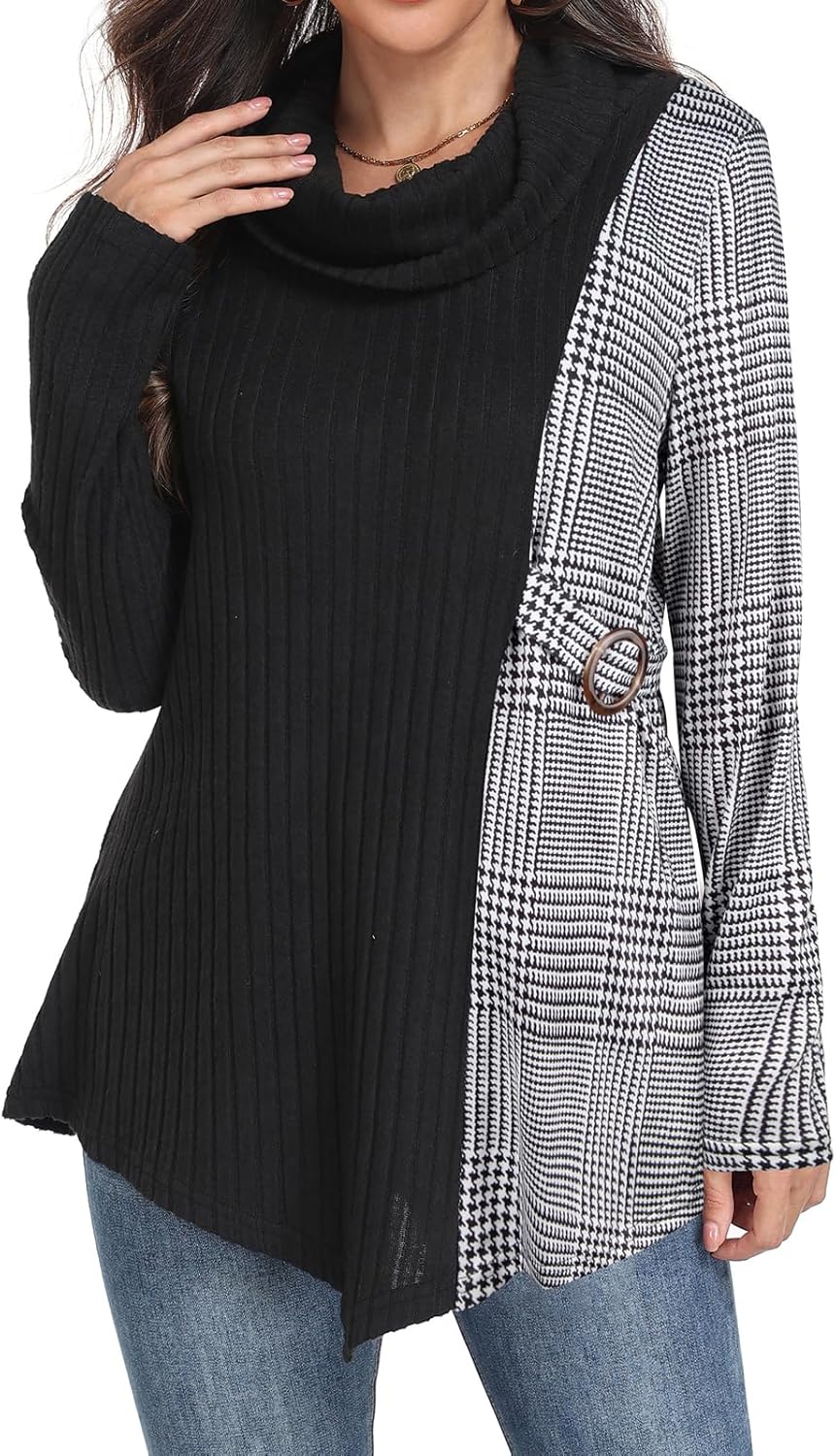 SeSe Code Cowl Neck Tunic Sweater for Women Lightweight Long Sleeve Tunic Tops for Leggings with Asymmetric Hem Knit Pullover