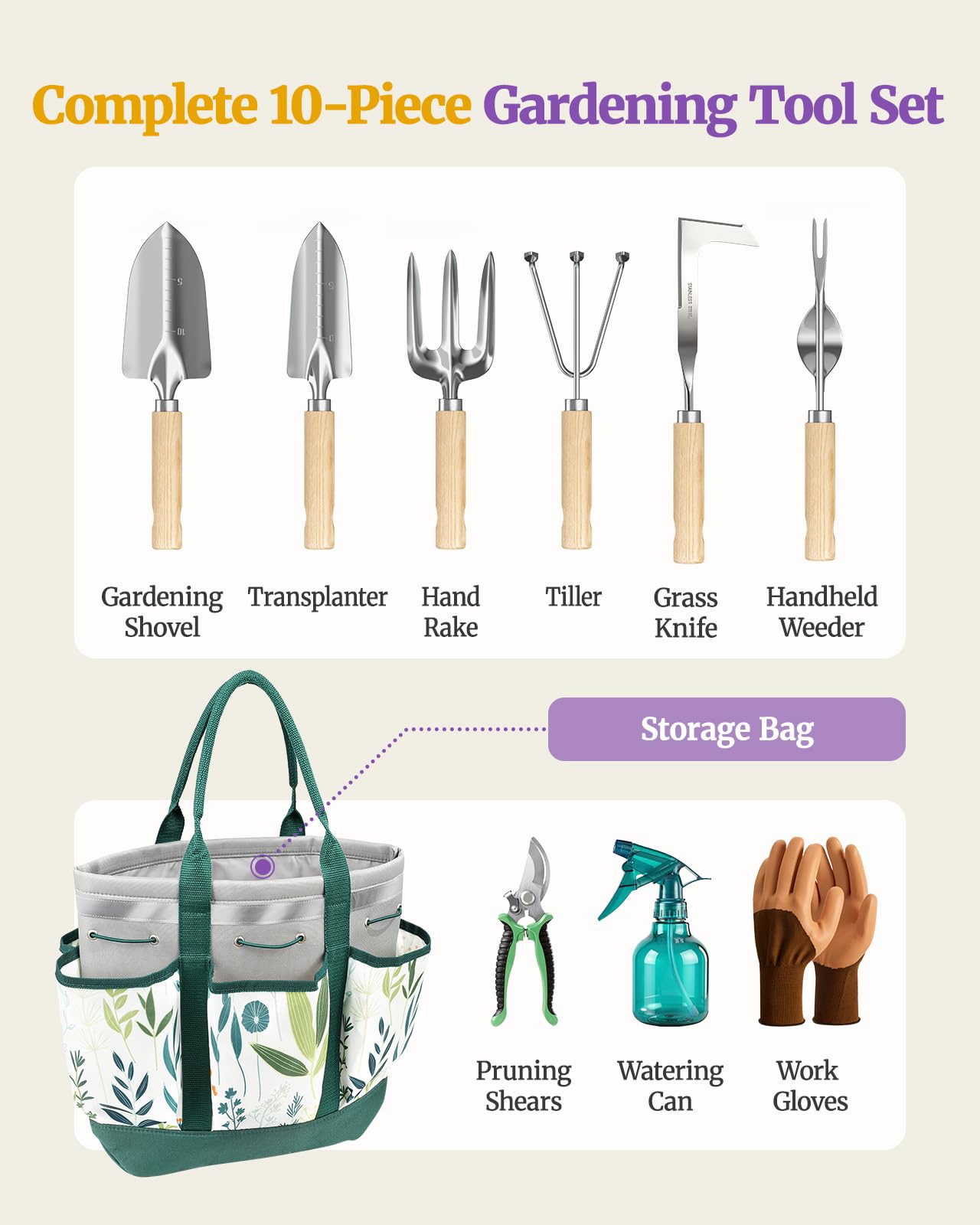 10 utensili da giardino resistenti antiruggine con borsa organizer resistente, regalo perfetto per il giardinaggio per donne, verde