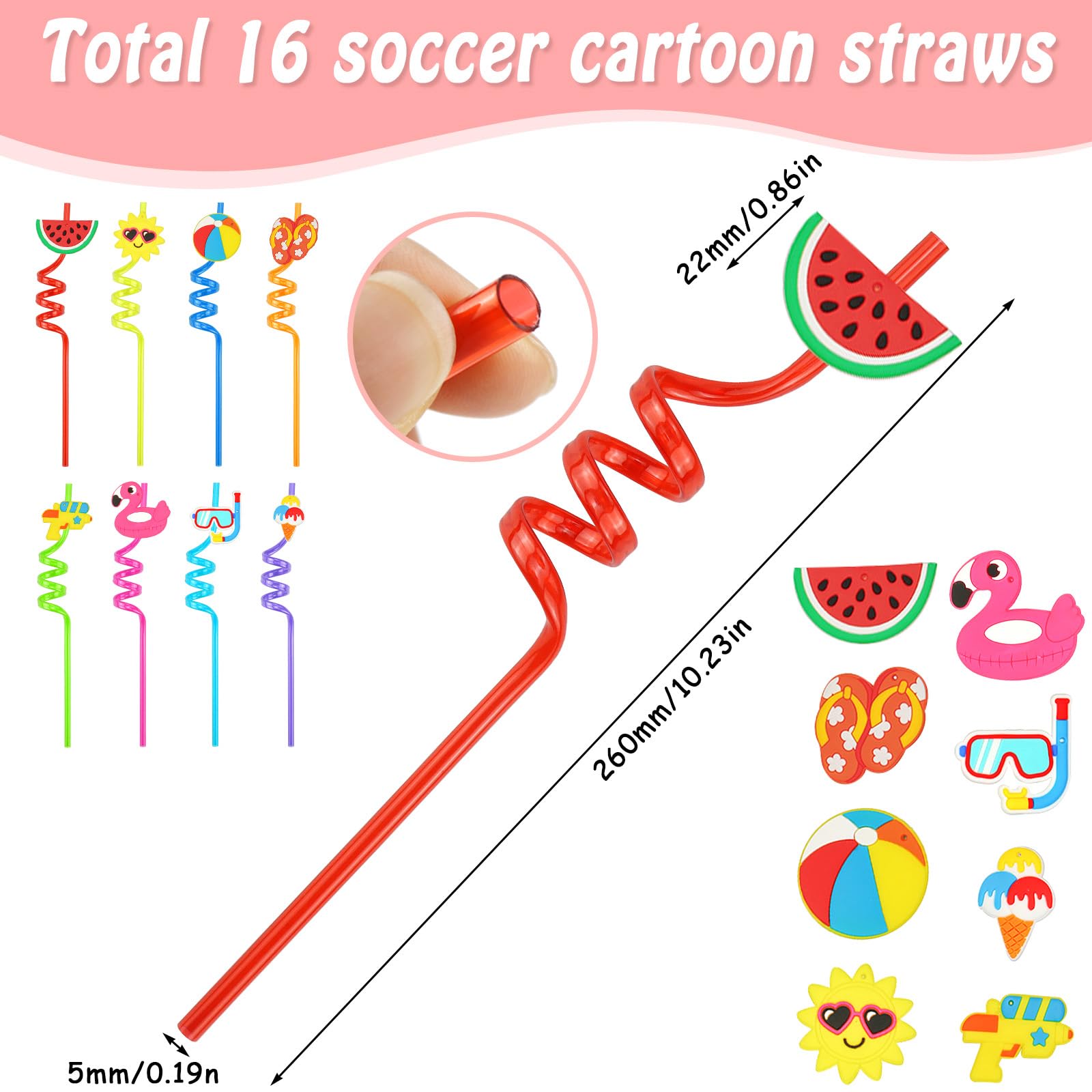 Pajitas de Plastico Reutilizables Niños Cañitas Paja de Bebida Rizada 16 Pzs Pajita Transparentes Pajitas de Colores Espiral para Pajita Fiesta de Verano para Niños Adultos (Verano)