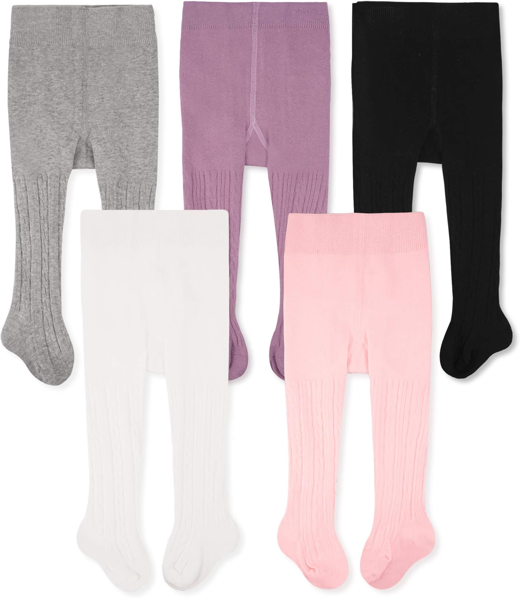 CozyWayGirls Tights Cotton Cable Knit Footed Pantyhose Baby Toddler Leggings - Pack of 5