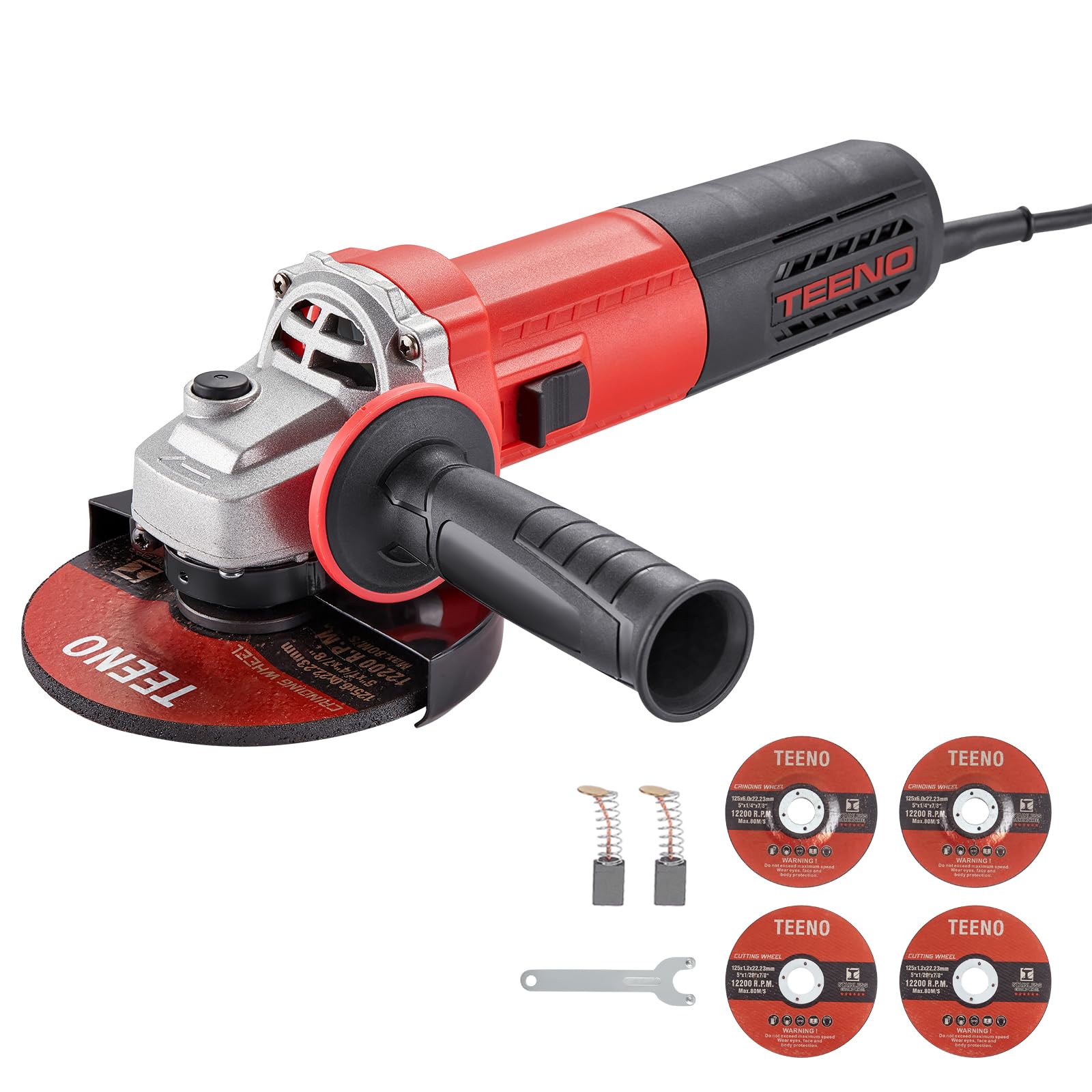 TEENO Angle Grinder 1000W, Corded Angle Grinder Variable Speed of 2000-12000 RPM (Grinding/Cutting Disc: 125 mm 4 Pieces), Used for Cutting and Grinding Metal, Protective Shell and Handle