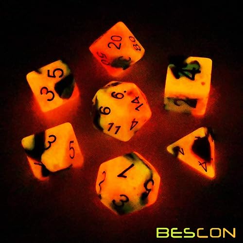 Miniatura 3 de Bescon Juego de dados poliédricos que brillan en la oscuridad de dos tonos Hot Rocks, juego de dados RPG luminosos d4 d6 d8 d10 d12 d20 d% paquete