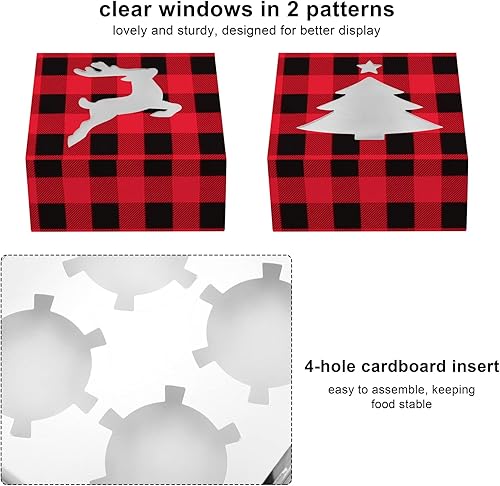 Miniatura 3 de Ruisita Paquete de 30 cajas de cupcakes de Navidad a cuadros, cajas de panadería con 4 agujeros, cajas de regalo de galletas con ventana roja y