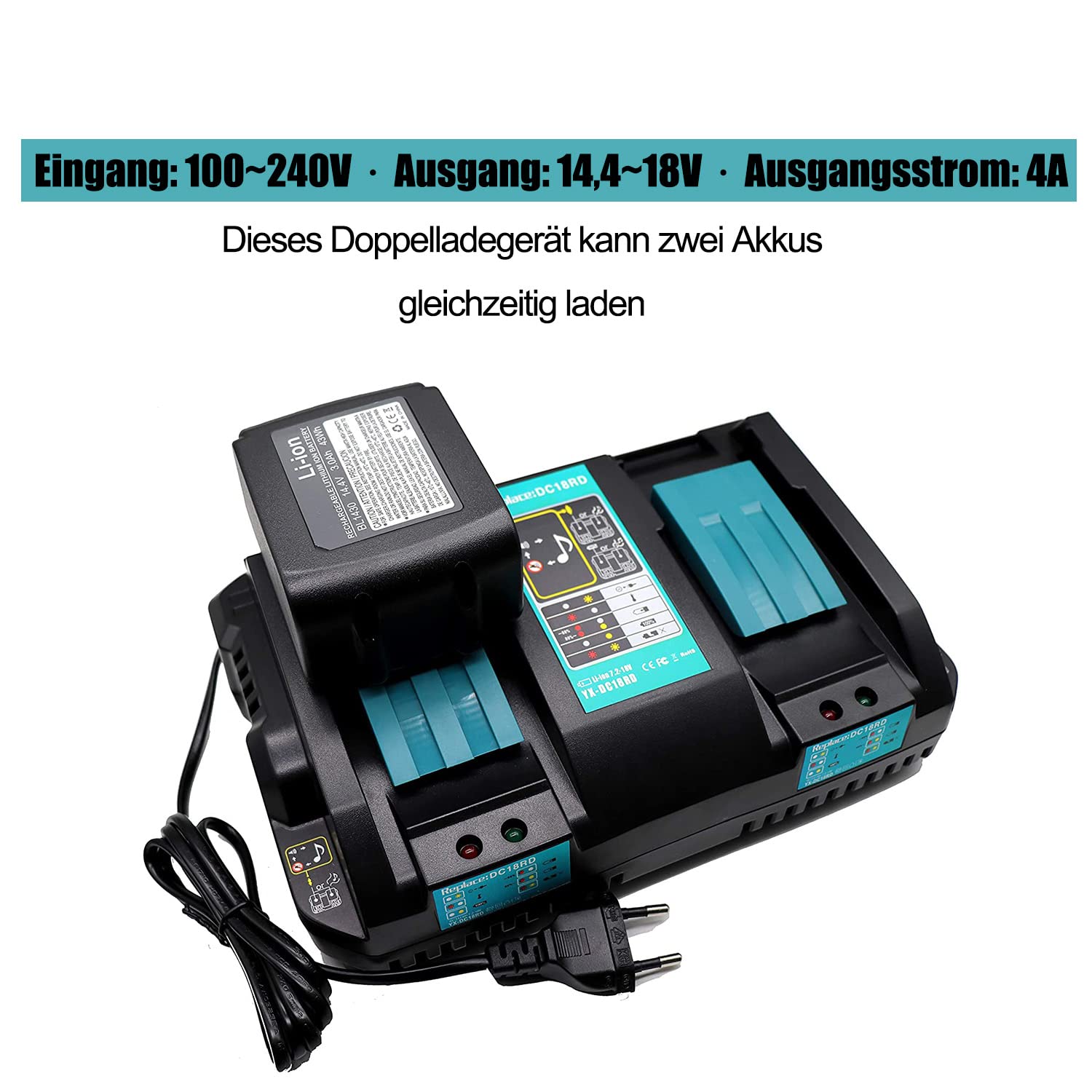 Cargador doble 4A DC18RD, Reemplazo para batería de iones de litio Makita 18V BL1850B BL1840 BL1840B BL1830 / Reemplazo para batería Makita 14.4V BL1415 BL1430 BL1440