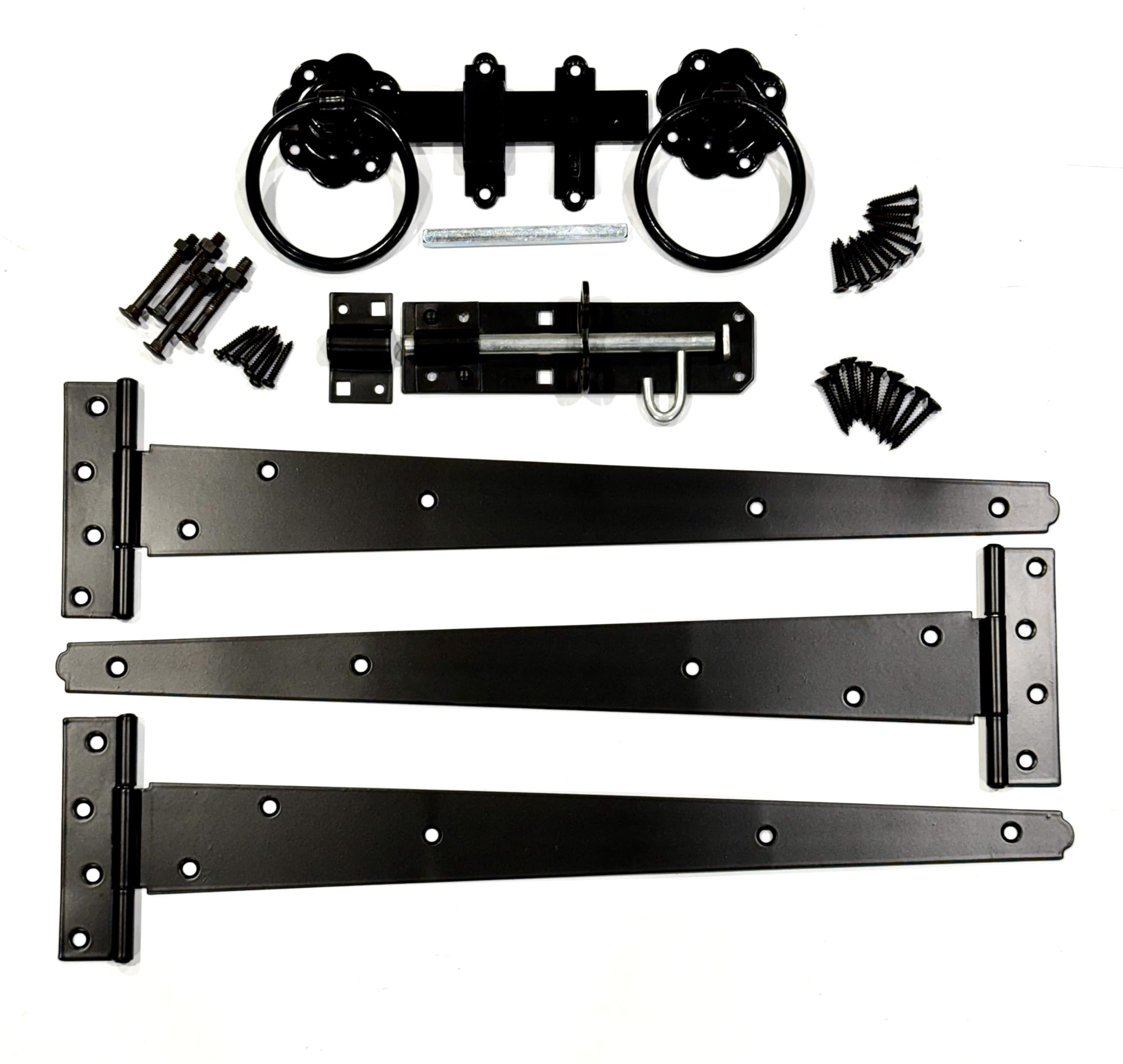 SCORPIO Hardware Black Side Gate Kit Heavy Duty 16" Tee Hinges, 6" Ring Gate Latch, 6" Brenton Padbolt Complete with Fixings for Hanging Wooden Garden Gate