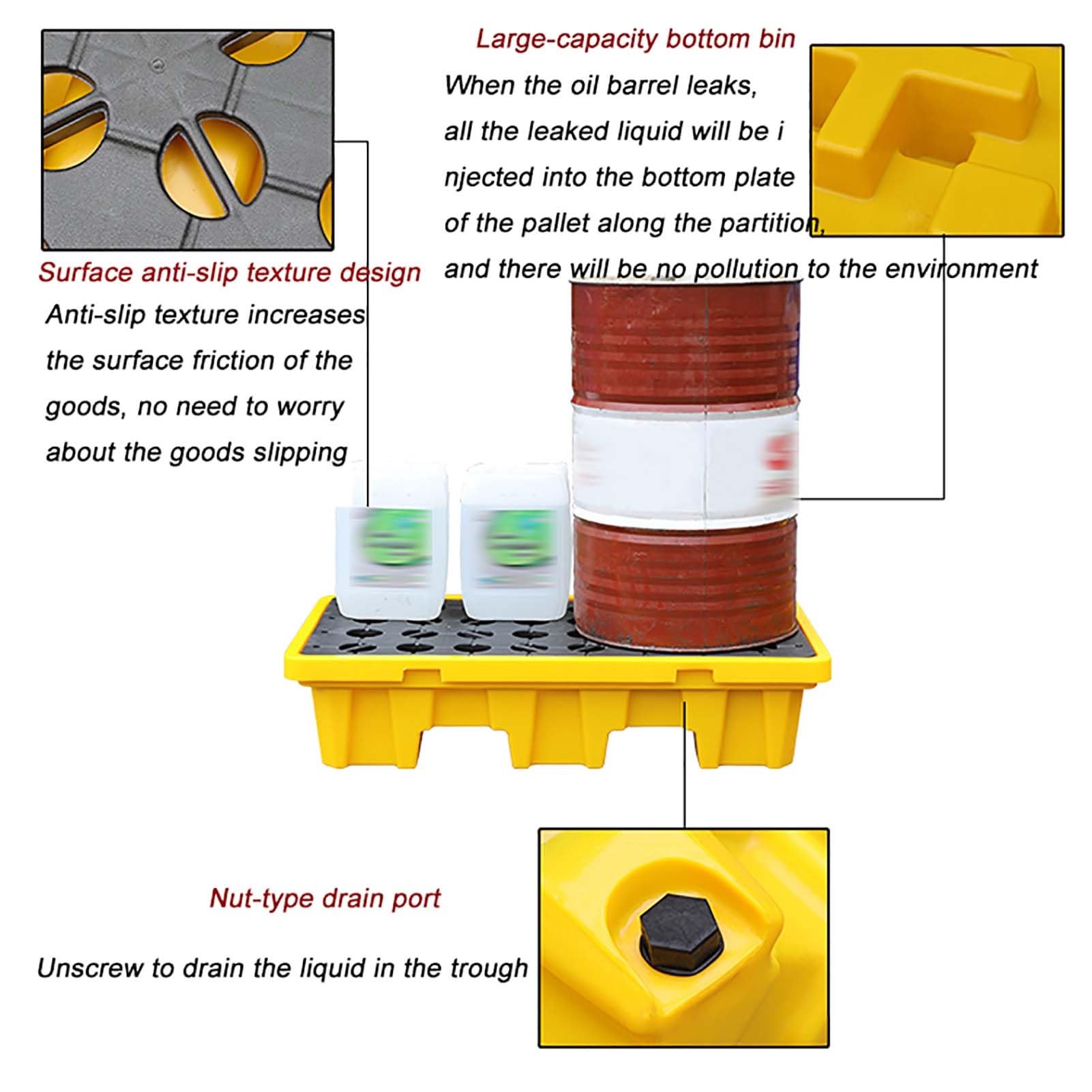 Genérico Palet Modular Duradero para la contención de derrames con desagüe: solución Segura para el Almacenamiento de Productos químicos, 130x68x30cm/51x27x12in, Ideal para Uso Industrial y Control d