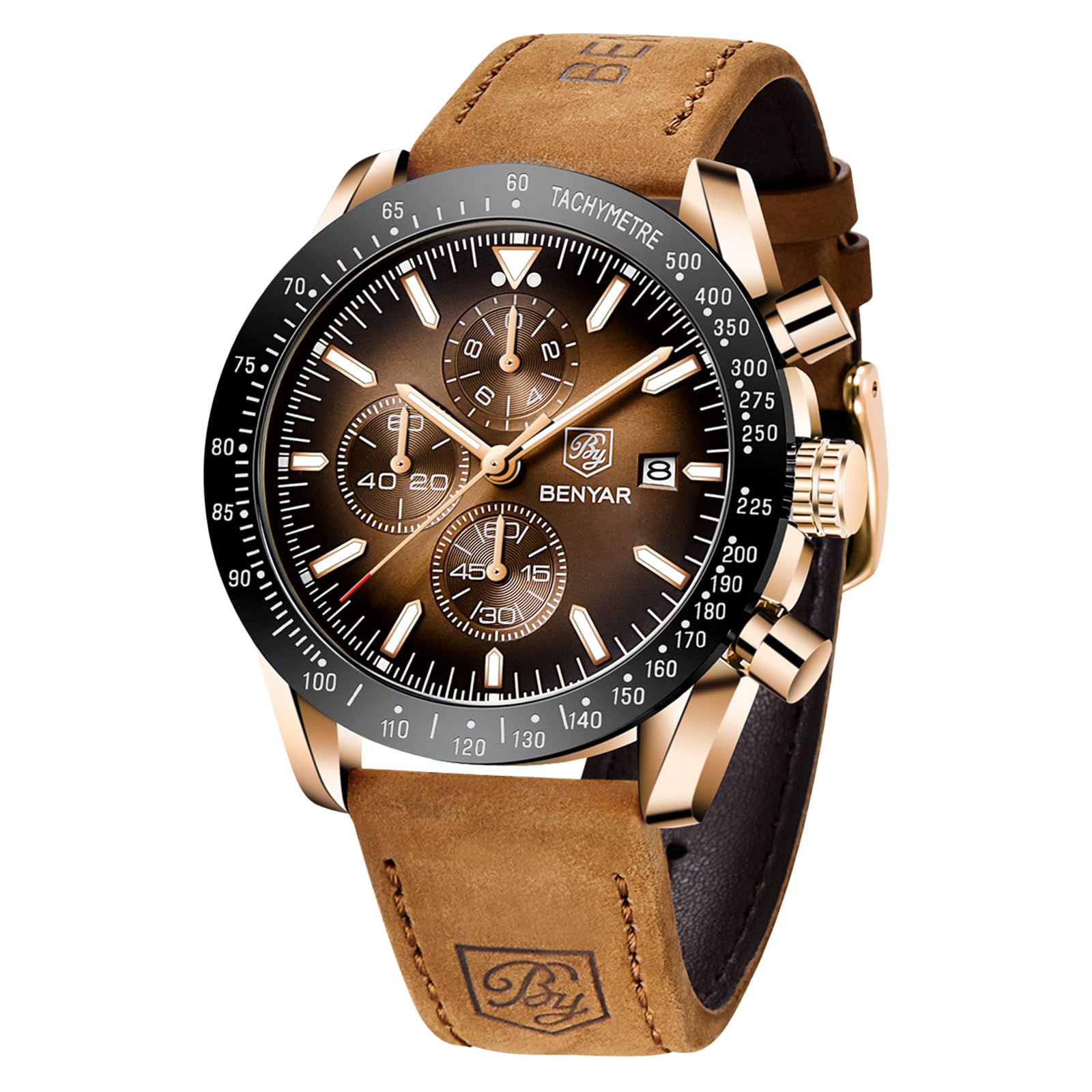 BENYAR, Relojes Hombre, Movimiento Cuarzo, Cronógrafo, Correa Piel/Acero/Silicona, Diseño Deportivo Negocio Moda, 30M/50M Impermeable, Resistente a los Arañazos, Regalos Elegantes para Hombres