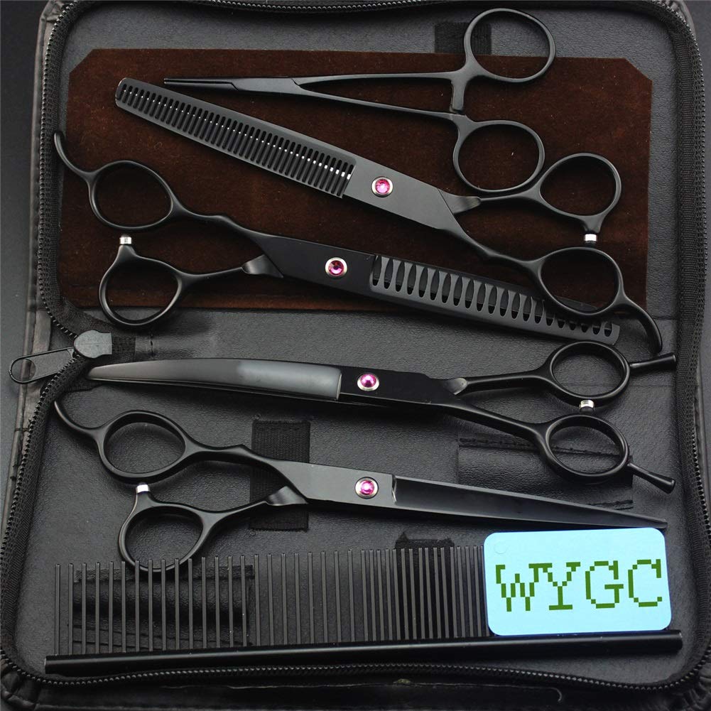 WYGC PETS Professionali Mancino Forbici per Cani Gatti Impostato con 7,0 Pollici Forbici da Taglio,2 Thinning Shear e Forbici Curve Perfezionare per Mano Sinistra Parrucchiere e Uso Domestico Nero