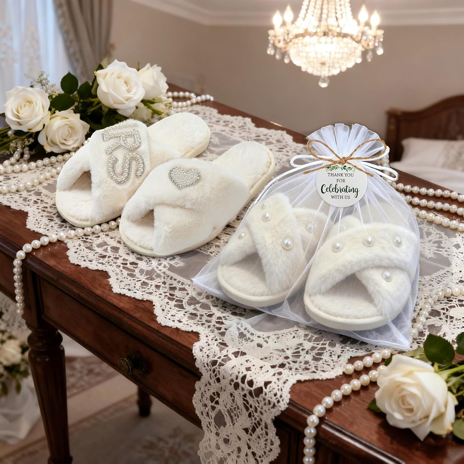 VZCBZC 12Set Bride Fuzzy Slippers for Women Cross Band Open Toe Bridesmaid Slippers Gift Plush Bridal Slippers for Wedding Day Party