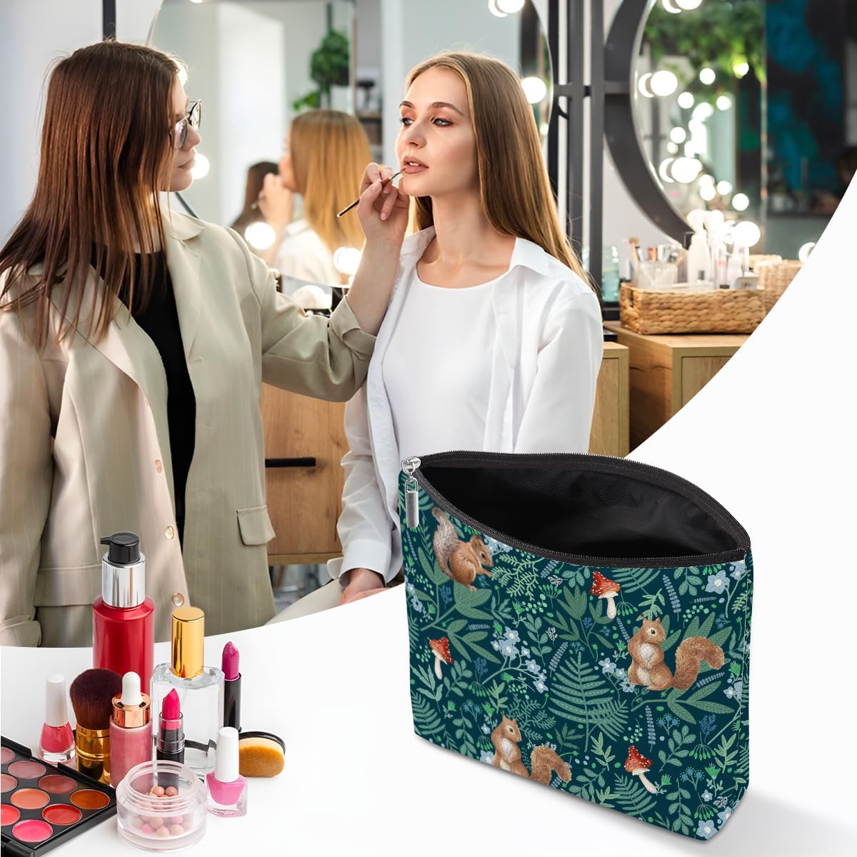 Forest Squirrel Makeup Bag, Botanical Squirrels Cosmetic Bag Travel Pouch, Squirrel Animal Lovers Gifts for Women Girls Daughter Sisters Coworker Friends Wife Friendship Graduation Birthday Gifts - Image 5