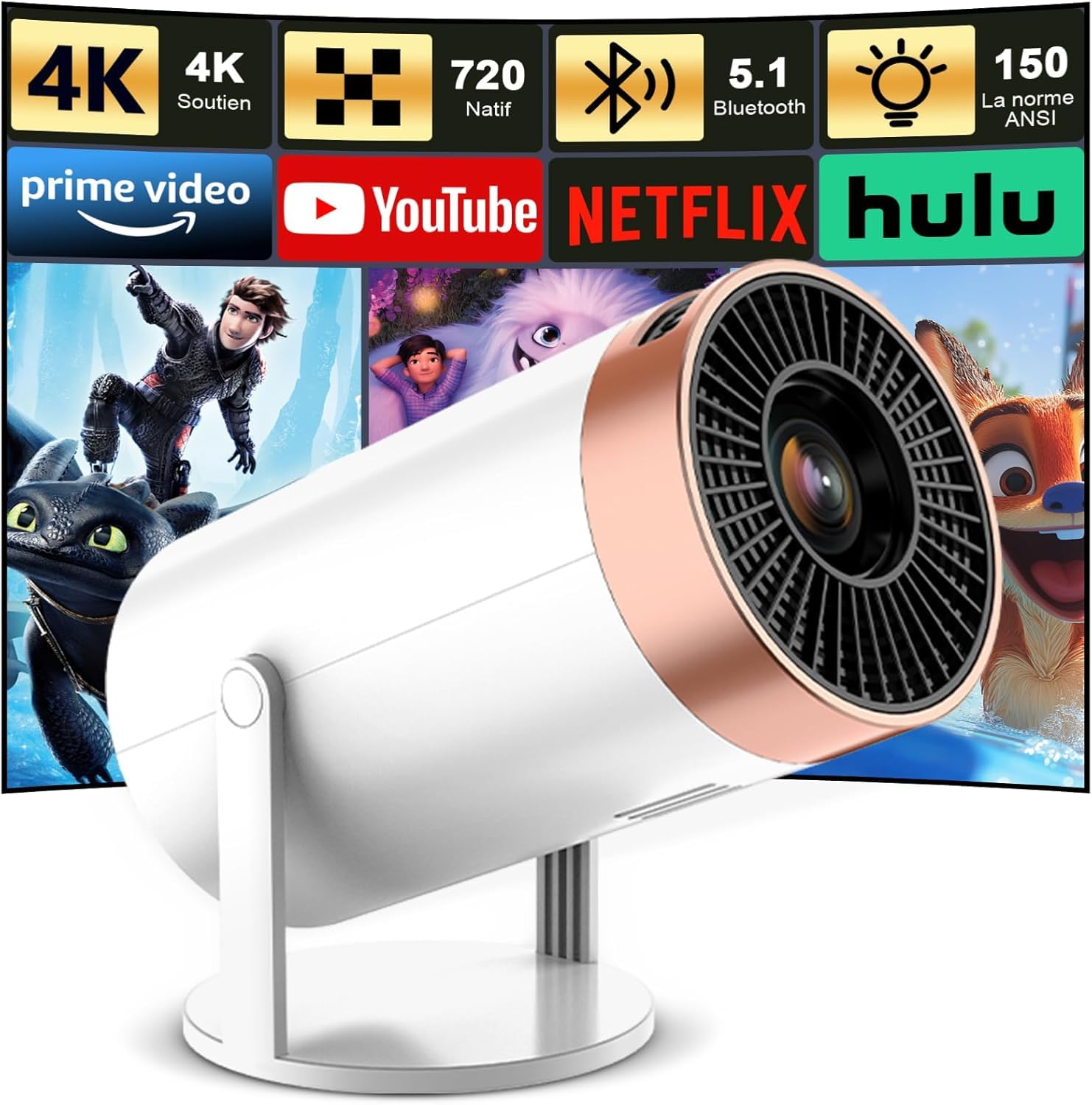 Mini Proiettore 4K Con WiFi E Bluetooth, Supporto Girevole 270°, Autofocus E Keystone, Android 13, Altoparlante 5W, Portatile Per Film Esterni - 3