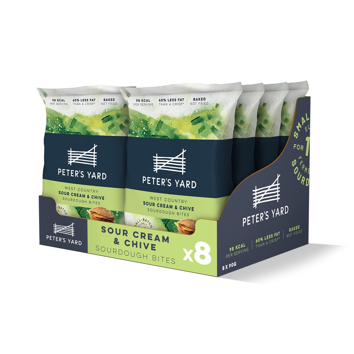 Peter's Yard Sourdough Crisp Bites, Sour Cream & Chive Baked Crisps, Under 100 Calories, All Natural Ingredients, Pack of 8 x 90g Sharing Bags
