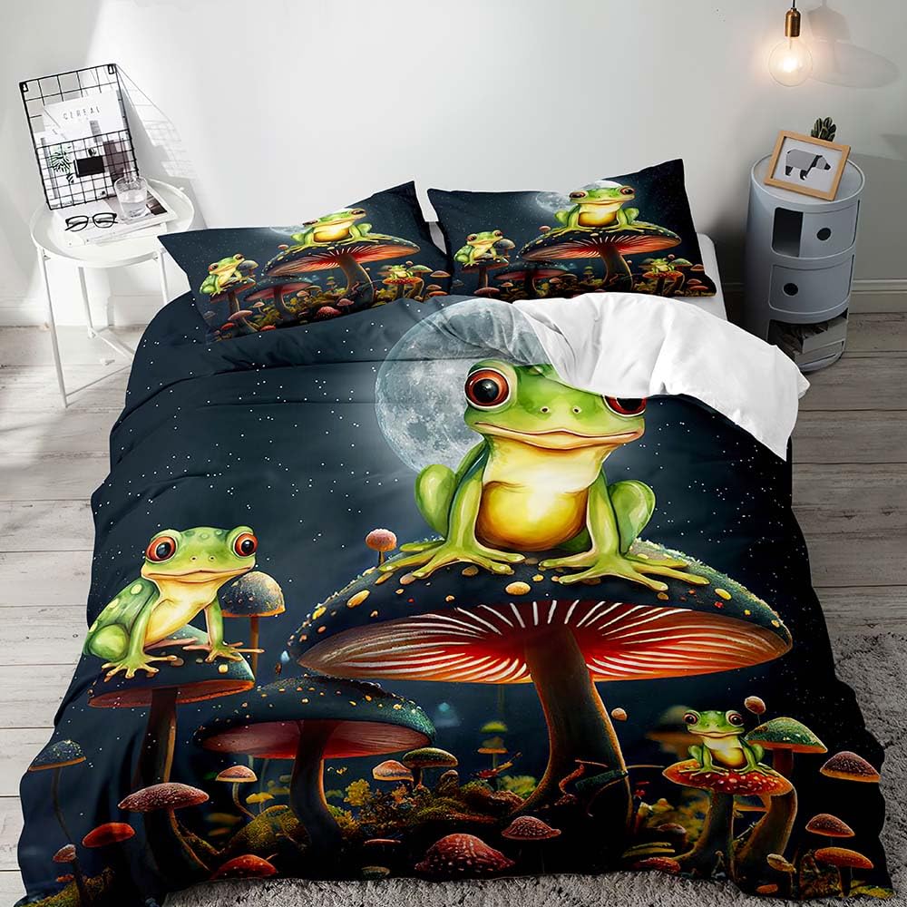 LUVIVIHOME 2PCS Cute Frog Duvet Cover Twin, Mushroom Bedding Set, Teens Boys Girls Kids Bedding, Moon Starry Sky Galaxy Fungus Mushroom Comforter Quilt Cover, Funny Frog Gifts for Women, 1 Pillow Sham