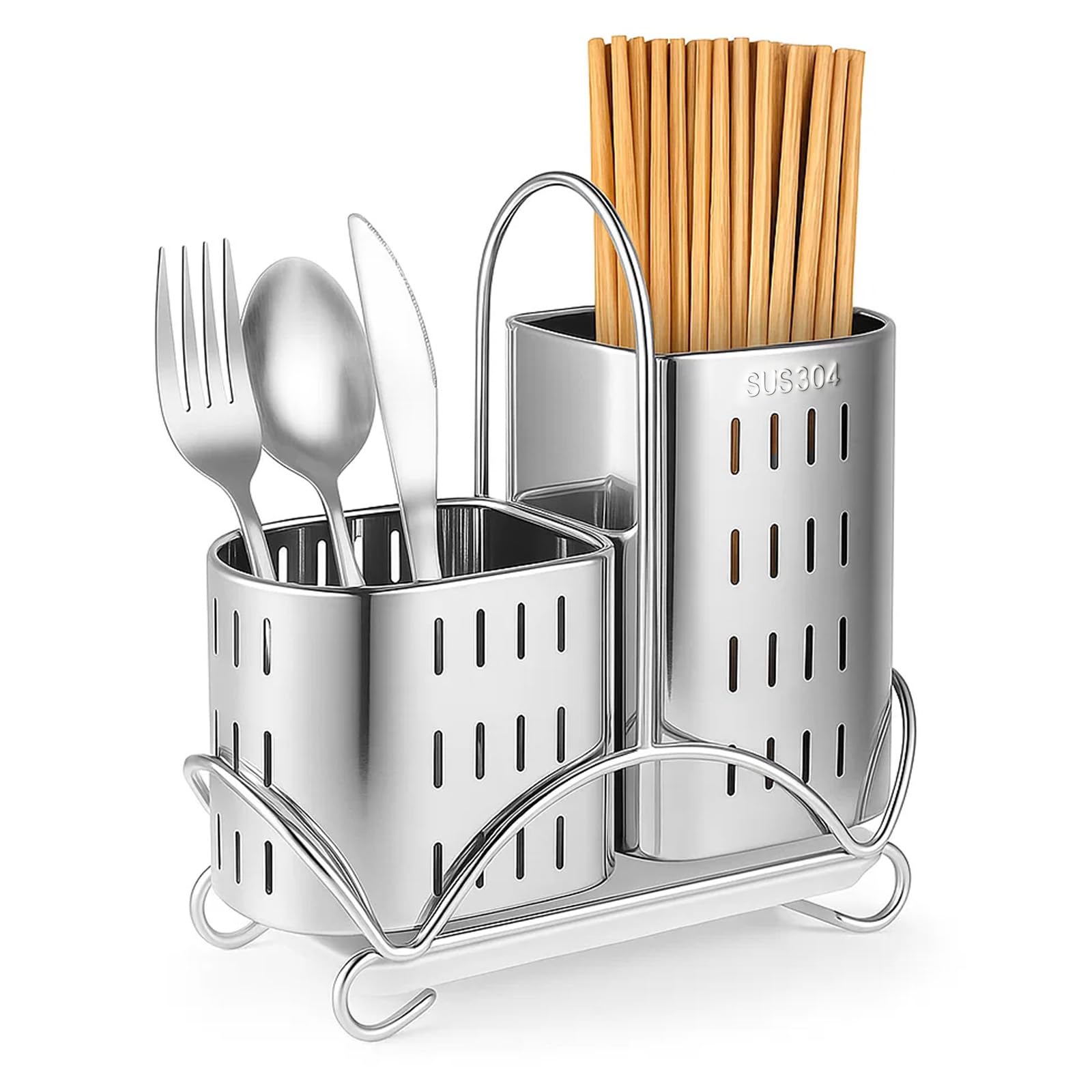 Sunnynest Silver Kitchen Utensil Holder, Cutlery Holder Drainer, Stainless Steel Cutlery Drainer For Sink, Kitchen Utensils Holder For Knives, Forks And Spoons, Space Saving Utensil Drainer