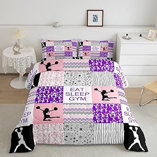 Cheerleading Comforter Set, Cheerleader Loves Bedding Set Twin Size For Kids Girls Teens Adult Bedroom, Geometric Checkered Quilted Duvet Starry Sky Down Comforter With 1 Pillow Case, Purple Pink