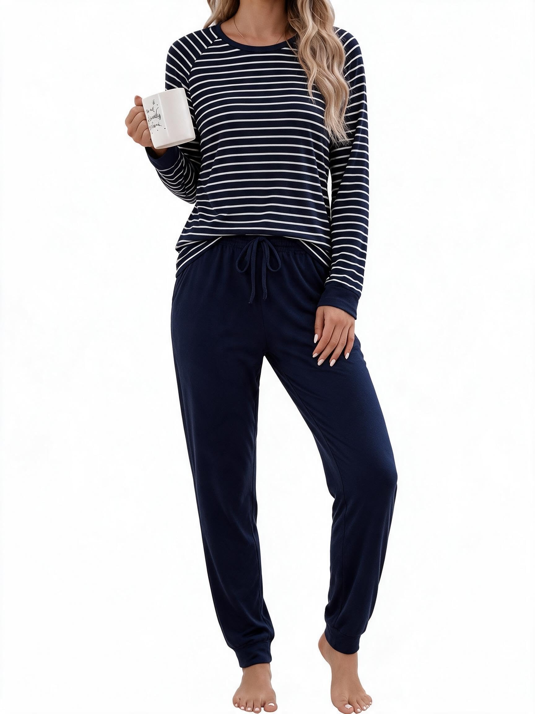 Litherday Schlafanzug Damen Lang Baumwolle Pyjama Set Nachtwäsche Winter | Zweiteiliger Gestreiftes Oberteil,Pyjamahose mit Tasche,Schlafanzüge für Damen mit Bündchen