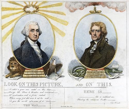 Thomas Jefferson (1743-1826) Ntercer presidente de los Estados Unidos mira esta imagen y en esta caricatura americana 1807 Comparando
