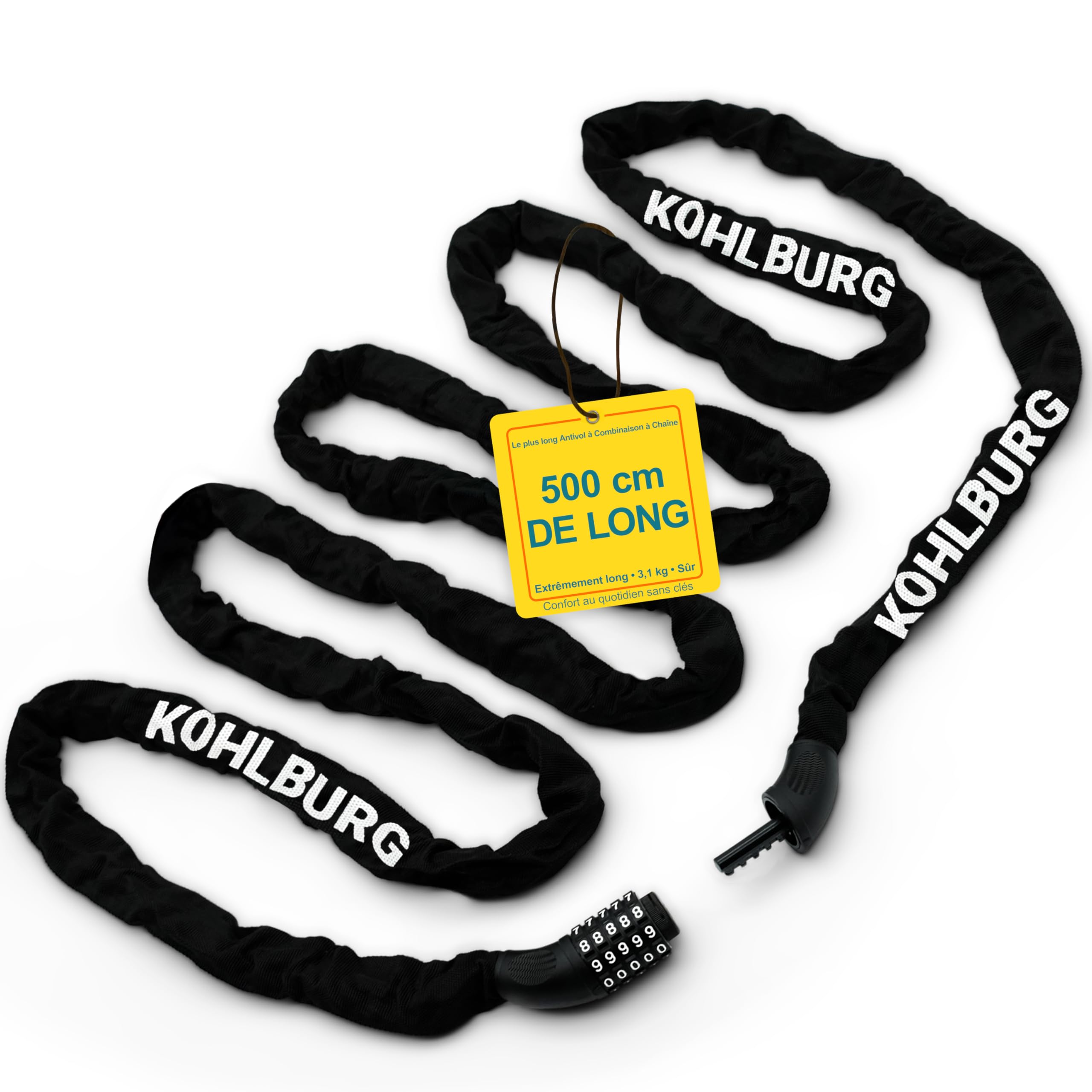 KOHLBURG Chaine antivol velo code [5m extra‑longue] avec acier spécial 6 mm | Chaîne anti vol à combinaison 5 m – Serrure pour vélo, e-bike, trottinette électrique, meubles de jardin, bateau – 500 cm