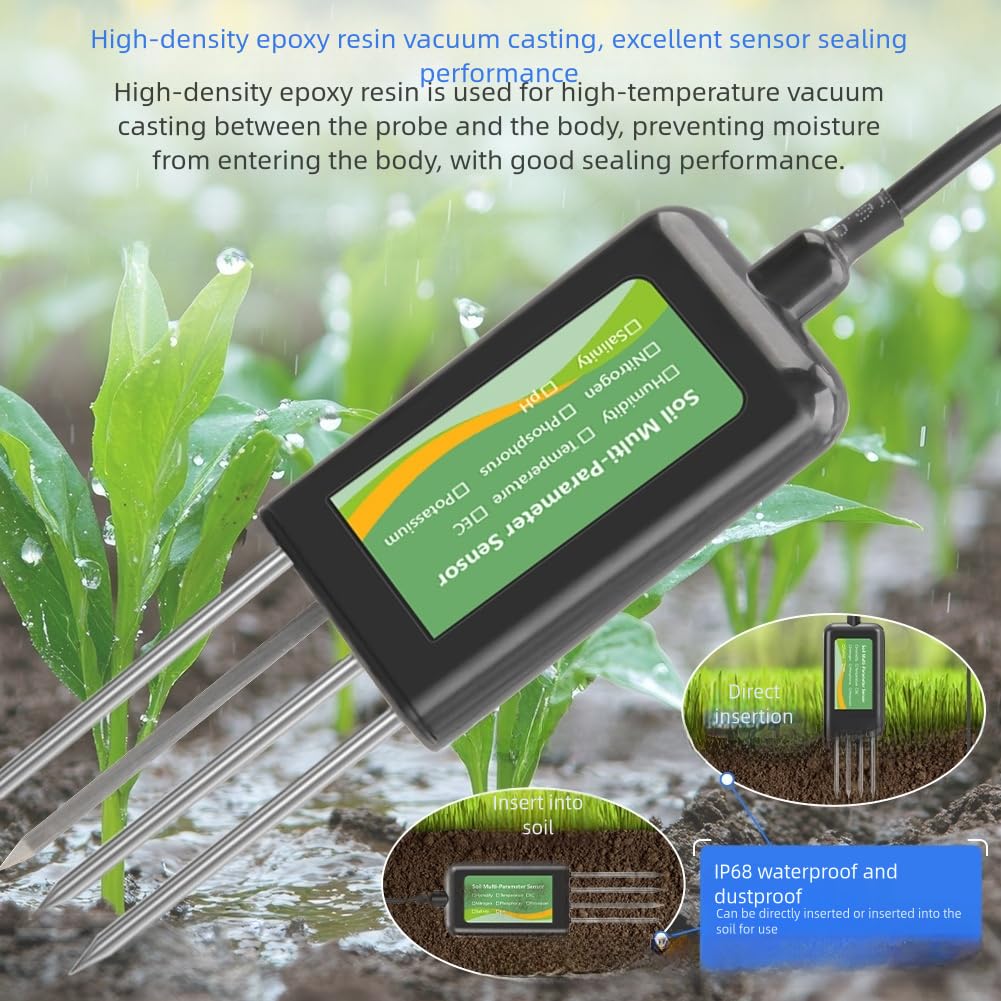 Probador de suelo USB con detección multiparámetro 8 en 1 para NPK pH humedad temperatura salinidad conductividad, sonda de acero inoxidable impermeable IP68