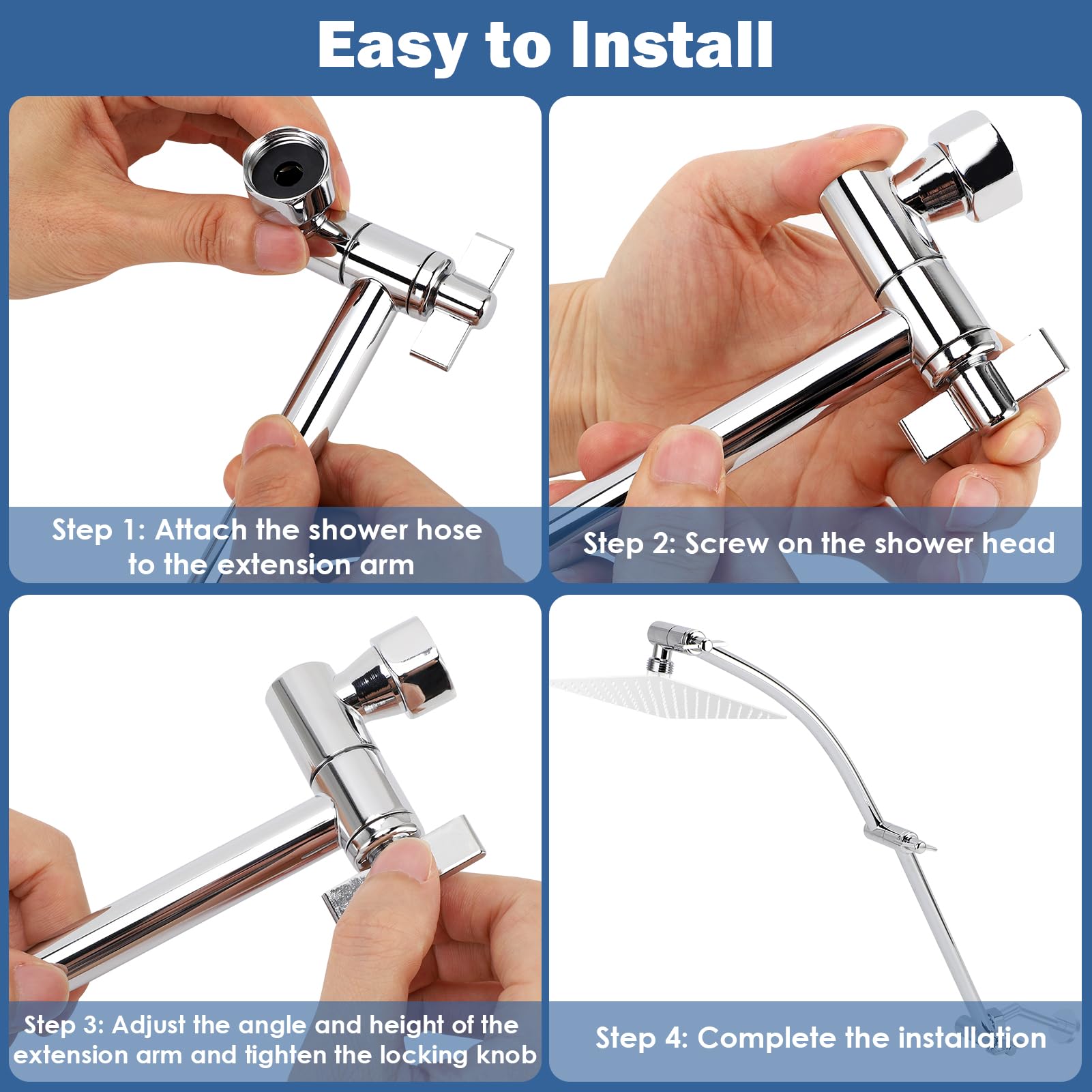 Extension de bras de douche entièrement en métal de 40,6 cm en laiton massif flexible en hauteur et angle réglables avec 2 joints de verrouillage, rallonge de pommeau de douche réglable durable (40,6