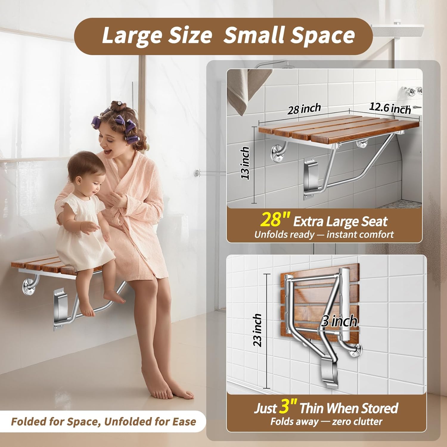 𝙐𝙥𝙜𝙧𝙖𝙙𝙚 28 Inch Folding Shower Seat Wall Mounted, Teak Wood Shower Seat with Stainless Steel Bracket & Finish Cap, 550lb Capacity, for Elderly, Disabled, Pregnant Women, Kids