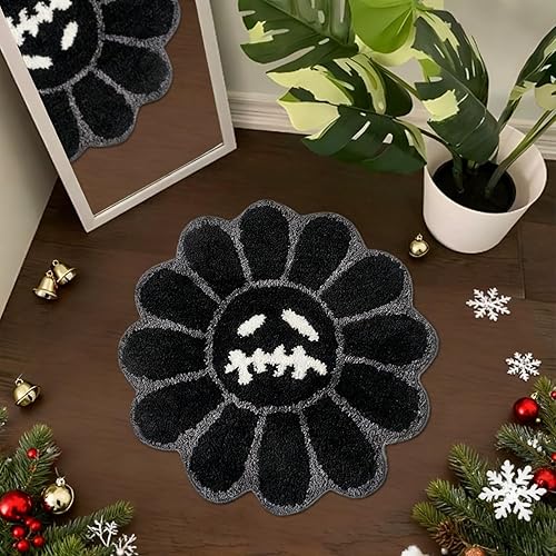 Trippy - Alfombra de cara feliz, alfombras de baño copetudas, de secado rápido, antideslizantes, absorbentes de agua, 2 pies, color negro, alfombras