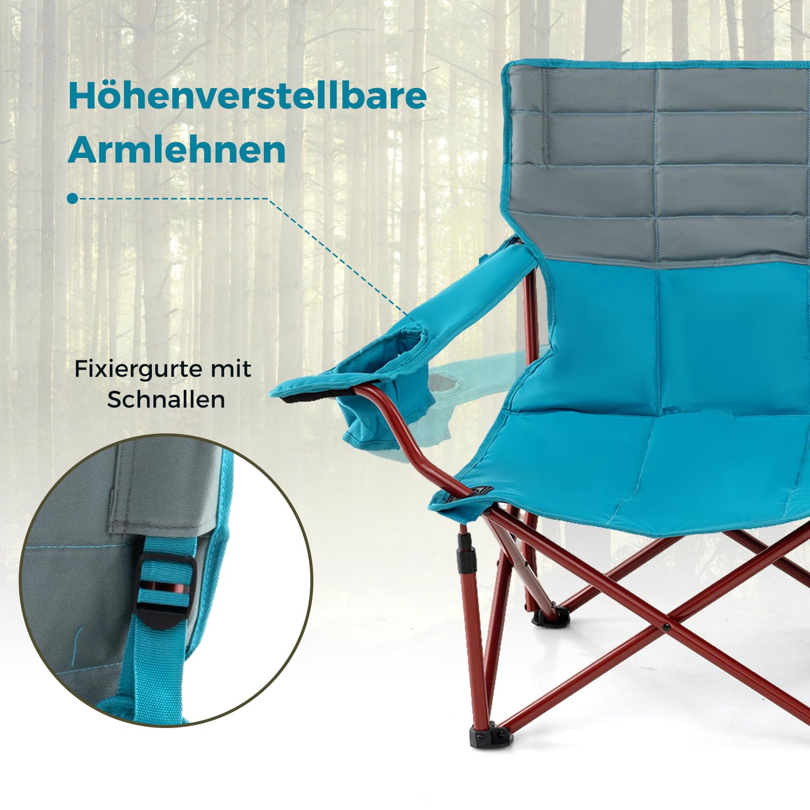 COSTWAY Campingstoel voor 2 personen, klapstoel met verstelbare armleuningen, bekerhouders en draagtas, 272 kg draagvermogen, campingbank, inklapbaar, vouwbank, visstoel voor camping, picknick, groen
