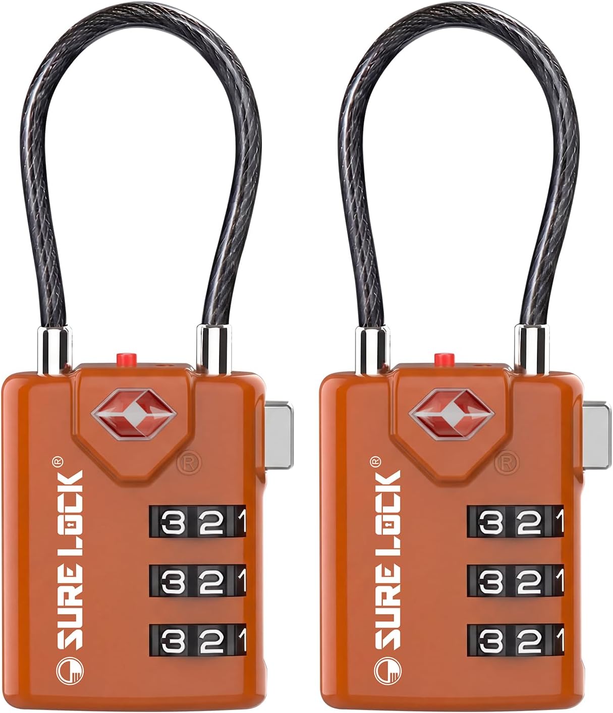 SURE LOCK TSA Approved Combination Luggage Locks with Open Alert Indicator – Durable Zinc Alloy Cable Travel Locks with Large Easy-Read Dials for Suitcases, Backpacks & Gym Bags