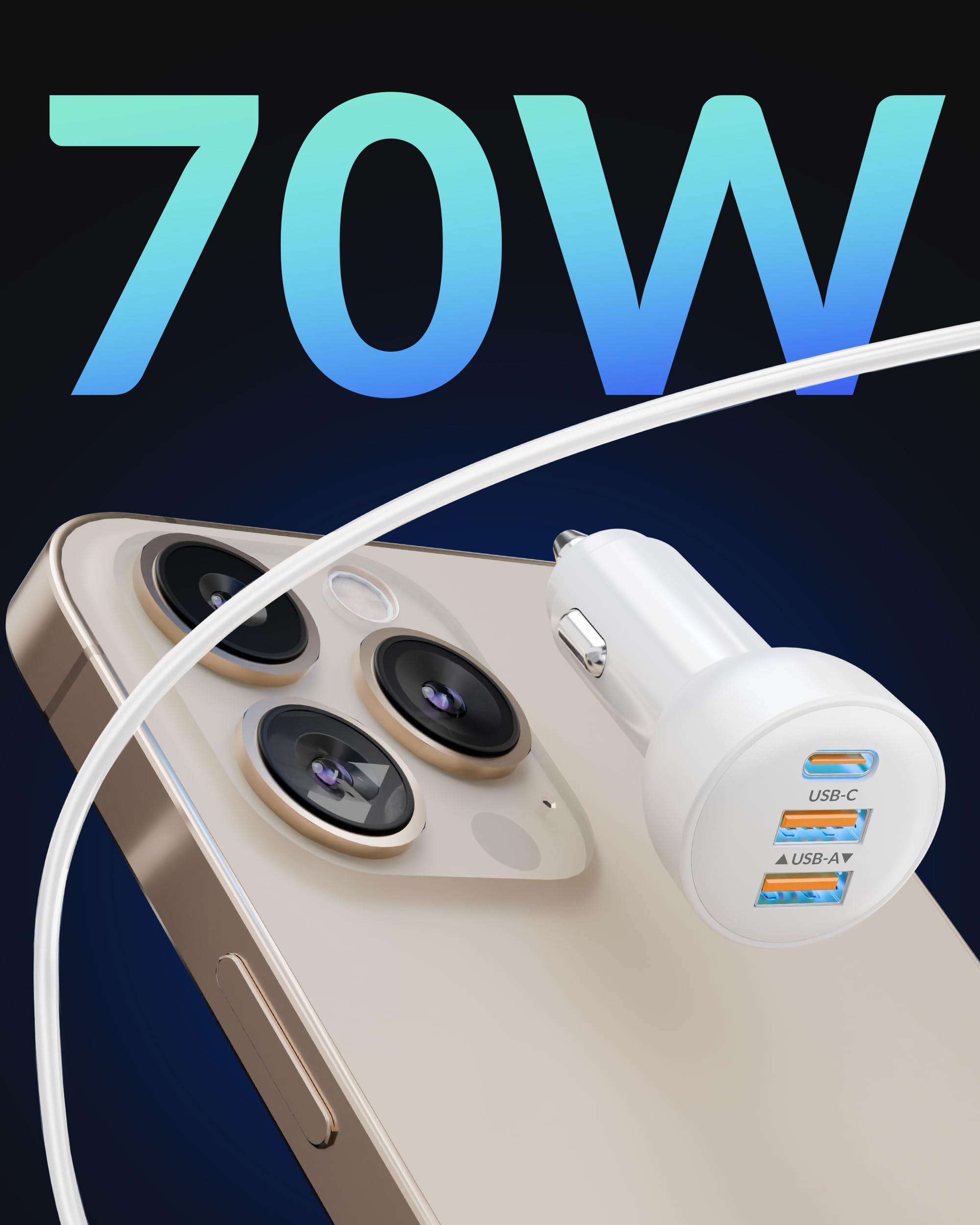 Close-up of the YEAHFUN 70W 3-port car charger plugged into a car's cigarette lighter socket, showing its compact design.