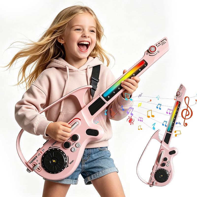 Guitarra inteligente sin cuerdas para niños, juguete de guitarra eléctrica con Bluetooth, mezclador de DJ, 4 tonos y 3 estilos, regalo de instrumento musical recargable para niños niñas de 3 a 12 años (rosa)