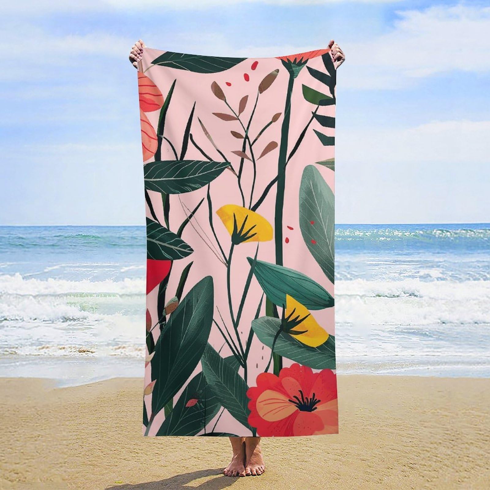 NTVOWPZO Peach with Flowers Beach Towel Oversized Microfiber Bath Towels Lightweight Sand Proof Beach Towels Absorbent Pool Towels for Swimming Yoga Bathroom Towel 31.5" X 63"