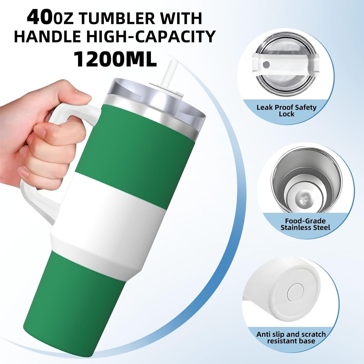 40 OZ Flag of Nigeria Print Ice Bully Cup with Handle Straw Lid Straw,Stainless Steel Tumbler Coffee Cup