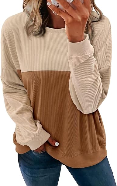 KISSMODA Women's Casual Long Sleeve Sweatshirt Color Block/Solid Crewneck Corduroy Pullover Cute Tops