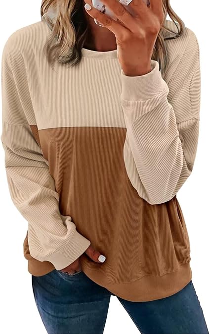 KISSMODA Women's Casual Long Sleeve Sweatshirt Color Block/Solid Crewneck Corduroy Pullover Cute Tops