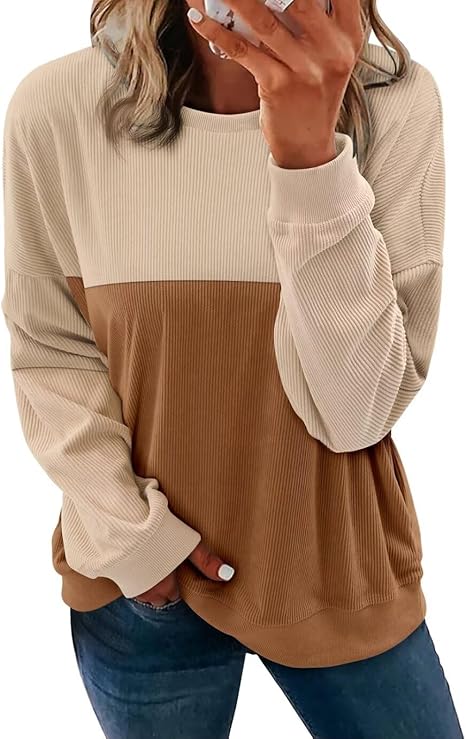 KISSMODA Women's Casual Long Sleeve Sweatshirt Color Block/Solid Crewneck Corduroy Pullover Cute Tops