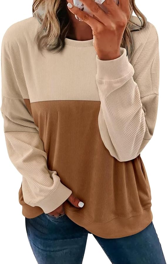 KISSMODA Women's Casual Long Sleeve Sweatshirt Color Block/Solid Crewneck Corduroy Pullover Cute Tops