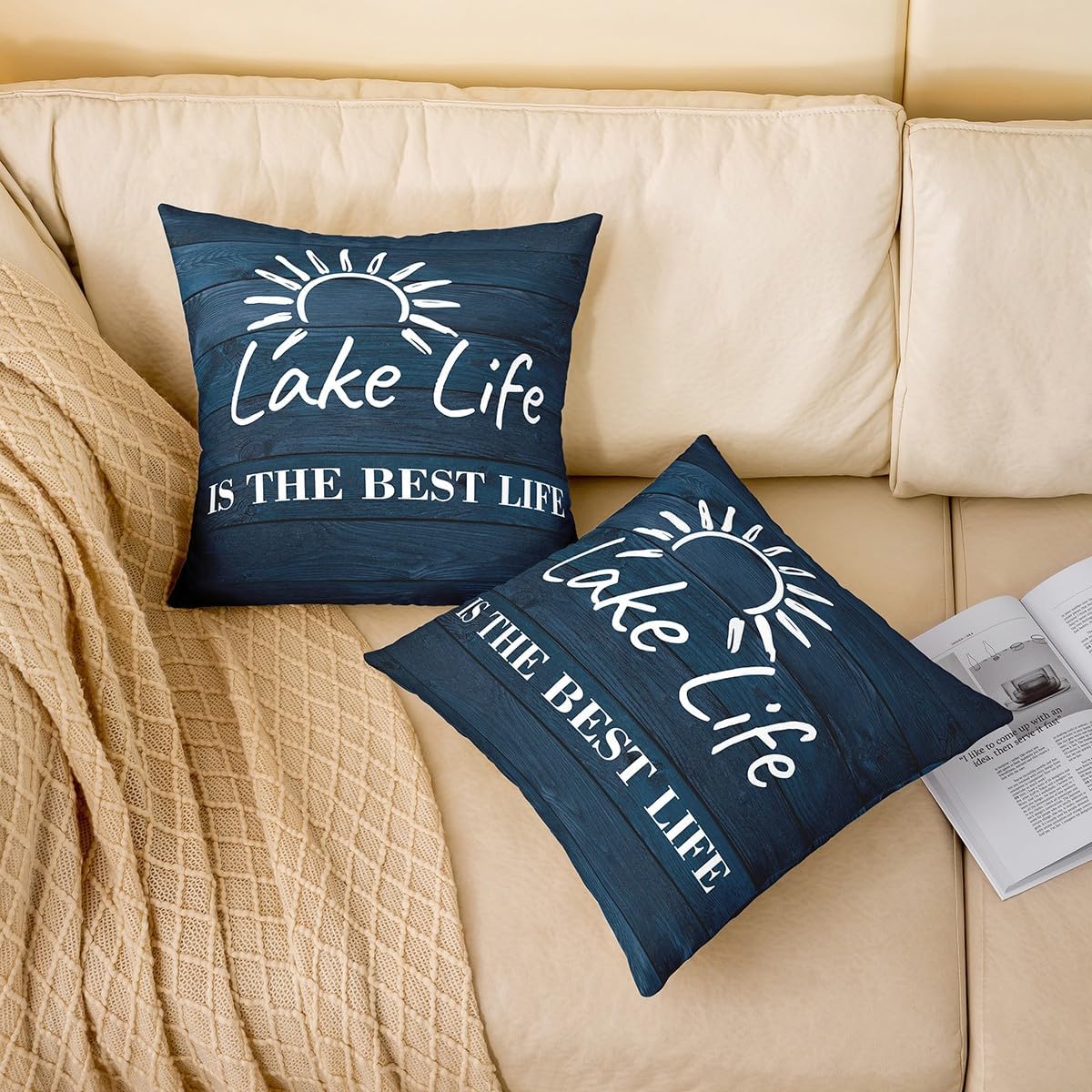 Pack of 2 Lake Rules Decorative Throw Pillow Covers, Soft Welcome to Lake Cabin Square Cushion Case Set for Couch Bedroom Living Room,Lake House Decor Navy Blue Pillow Cases Pillowcases,24x24 Inches
