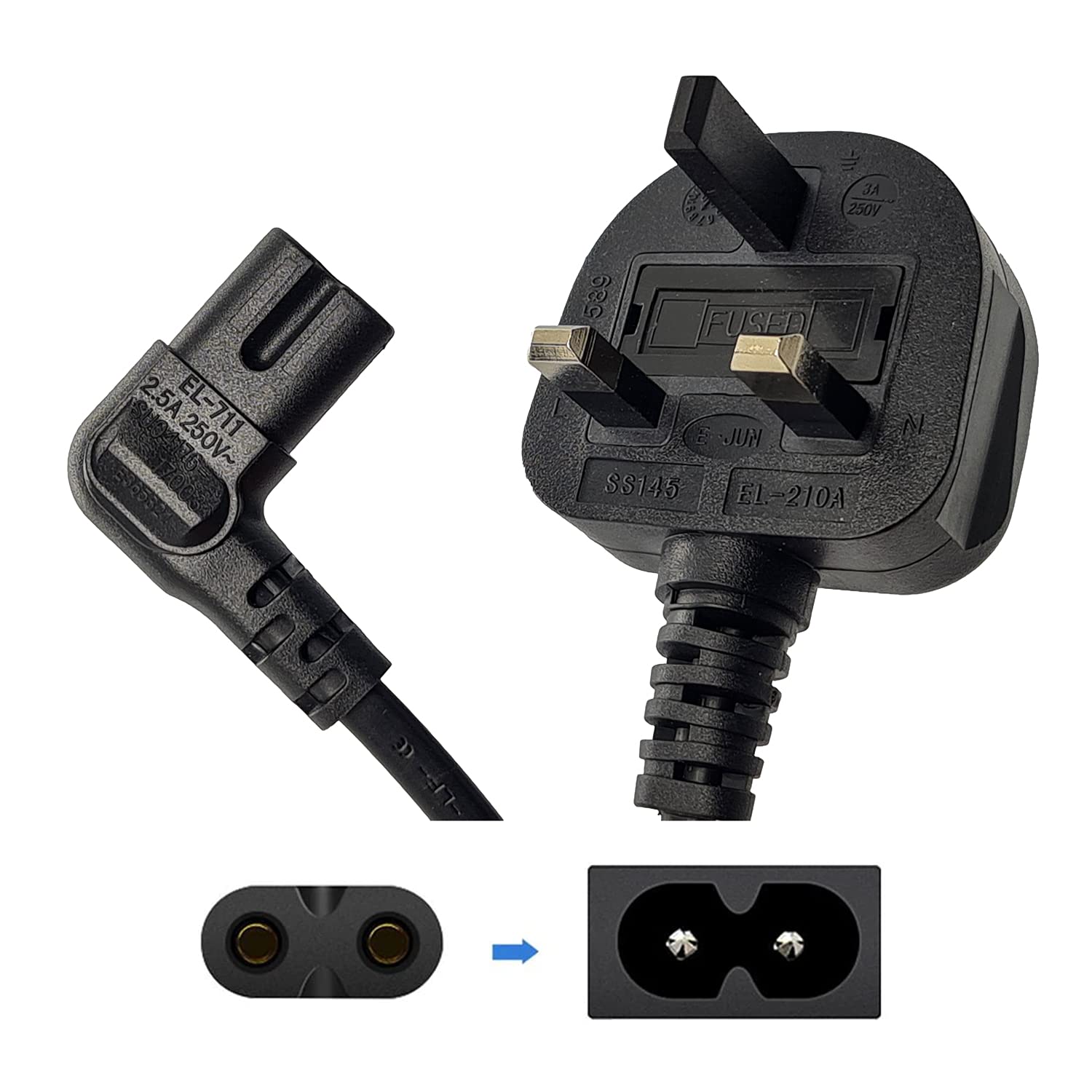 Figure 8 Power Lead 3M 2Pin 90 Degree Angle IEC C7 Universal UK Plug Power Cable Compatible