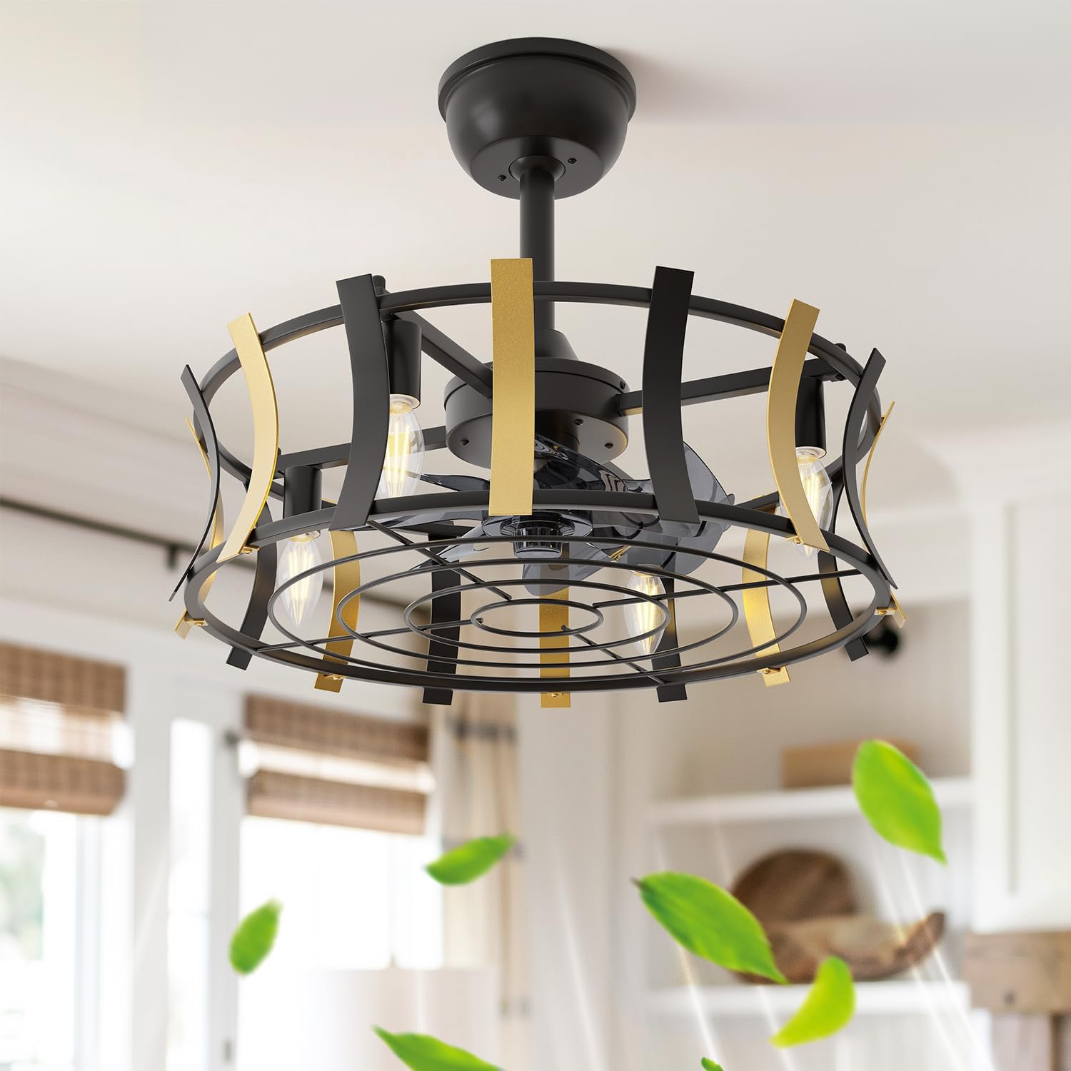 20" Caged Ceiling Fans with Lights and Remote, 6 Wind Speeds 3 Timing Quiet Chandelier Bladeless Ceiling Fan Industrial Reversible Ceiling Fan for Bedroom Living Room, 2 Down Rods, Black