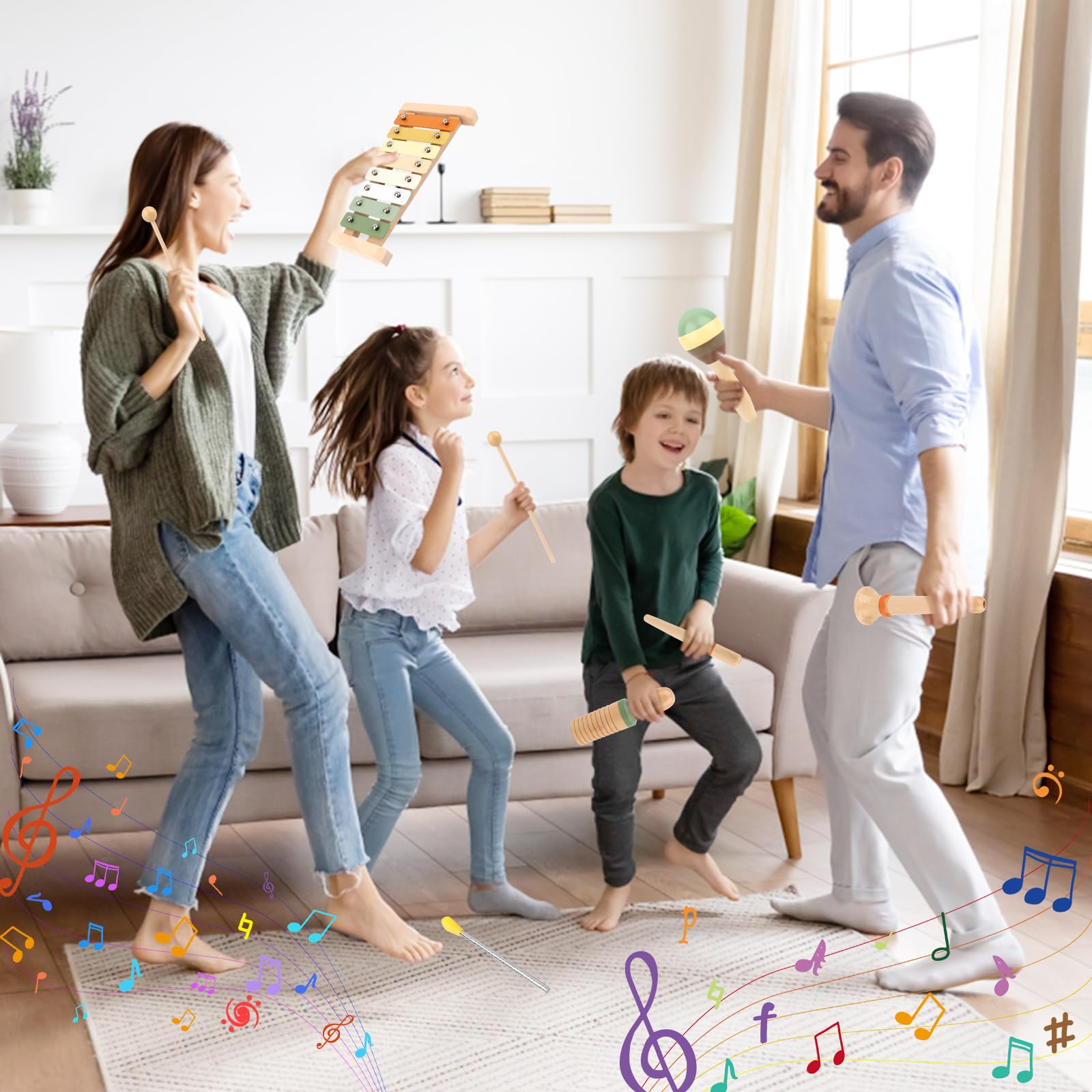 Strumenti Musicali Bambini, 6 in 1 Giochi Legno Montessori Sensoriale, Strumenti Musicali Percussioni in Legno - Tambourine Percussioni per Bambini con Tamburo, Xylophone , 3 4 5 6 Anni