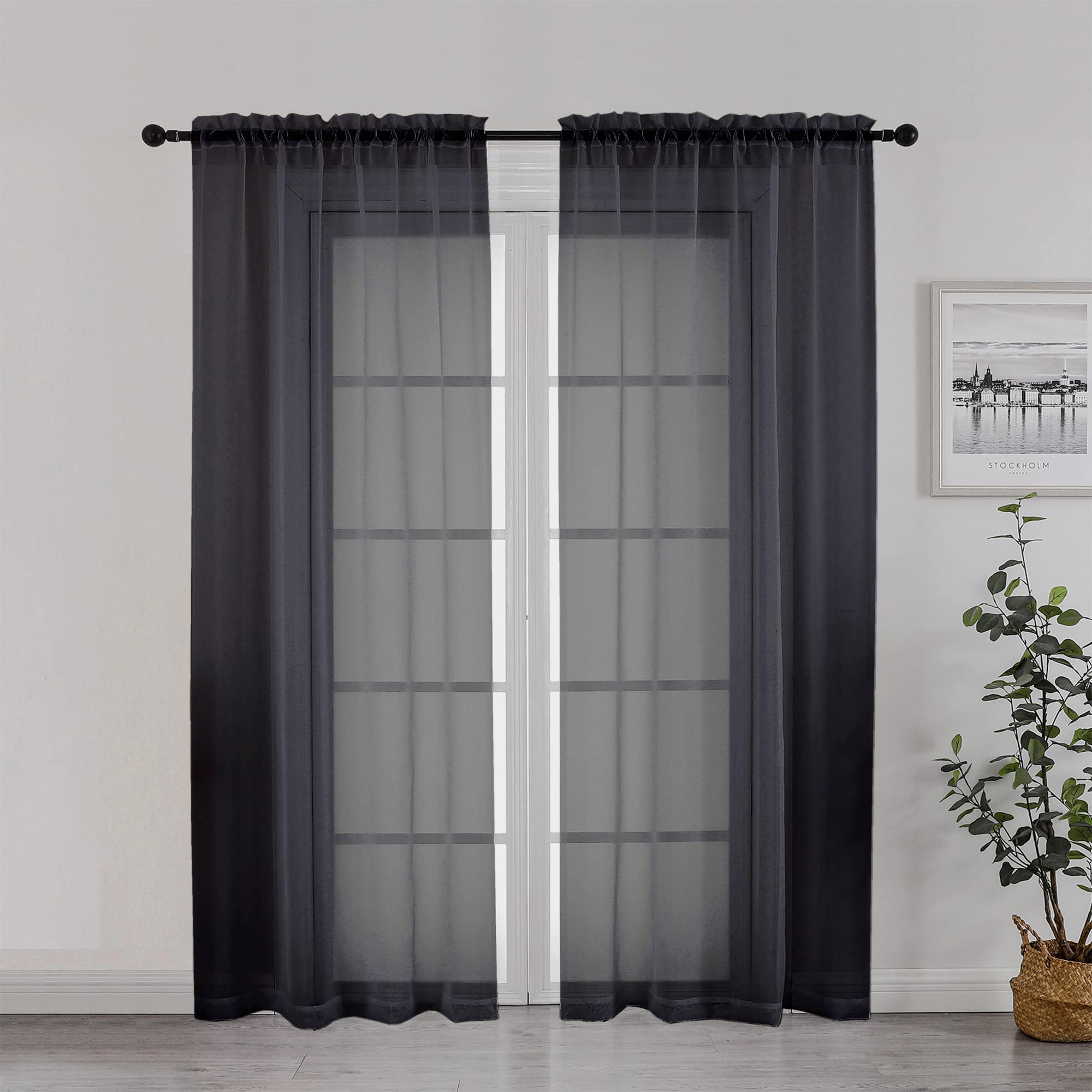 Chyhomenyc Black Sheer Curtain 72 Inches Length 2 Panels, Voile Rod Pockets Light Filtering Airy Window Treatment Drapes for Living Room Bedroom, Each 42Wx72L
